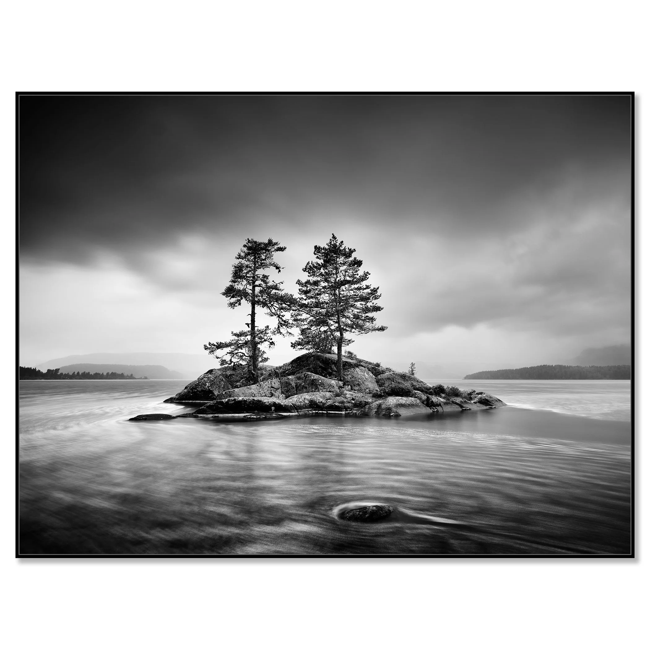 Trees on Rocky Island Study 1 – Norway, black-and-white photograph in a black aluminium ArtBox frame