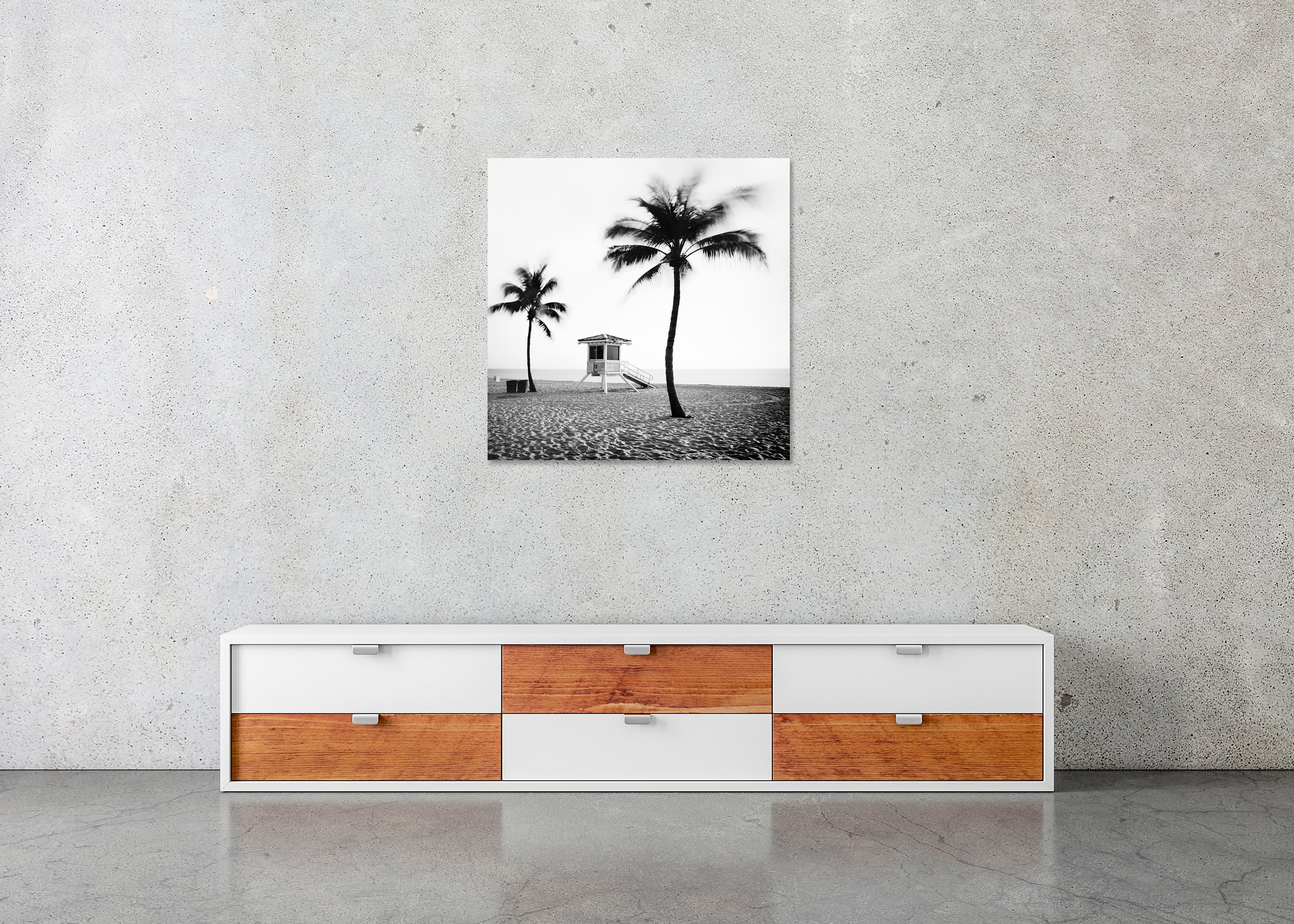 Fort Lauderdale Beach, Study 4 – frameless black-and-white photograph on aluminium Dibond displayed above a low cabinet.