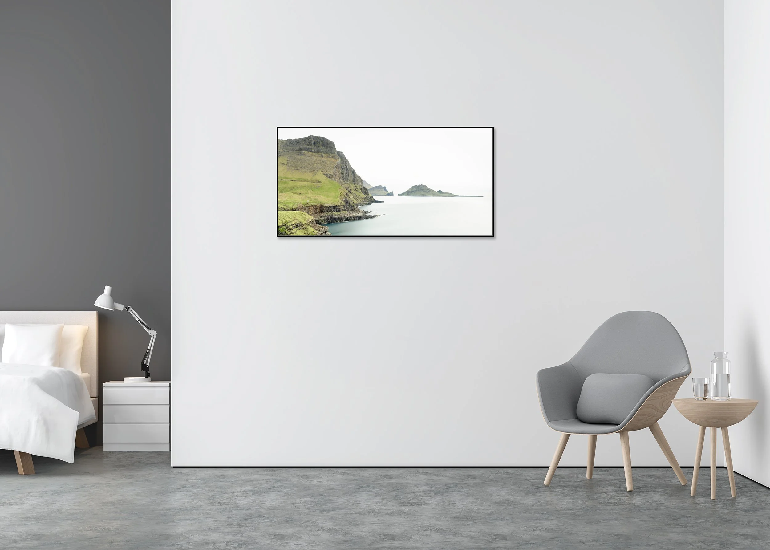 Sea Cliffs, Panorama Study 2 – Dibond print in a black aluminium ArtBox displayed in a minimalist bedroom.
