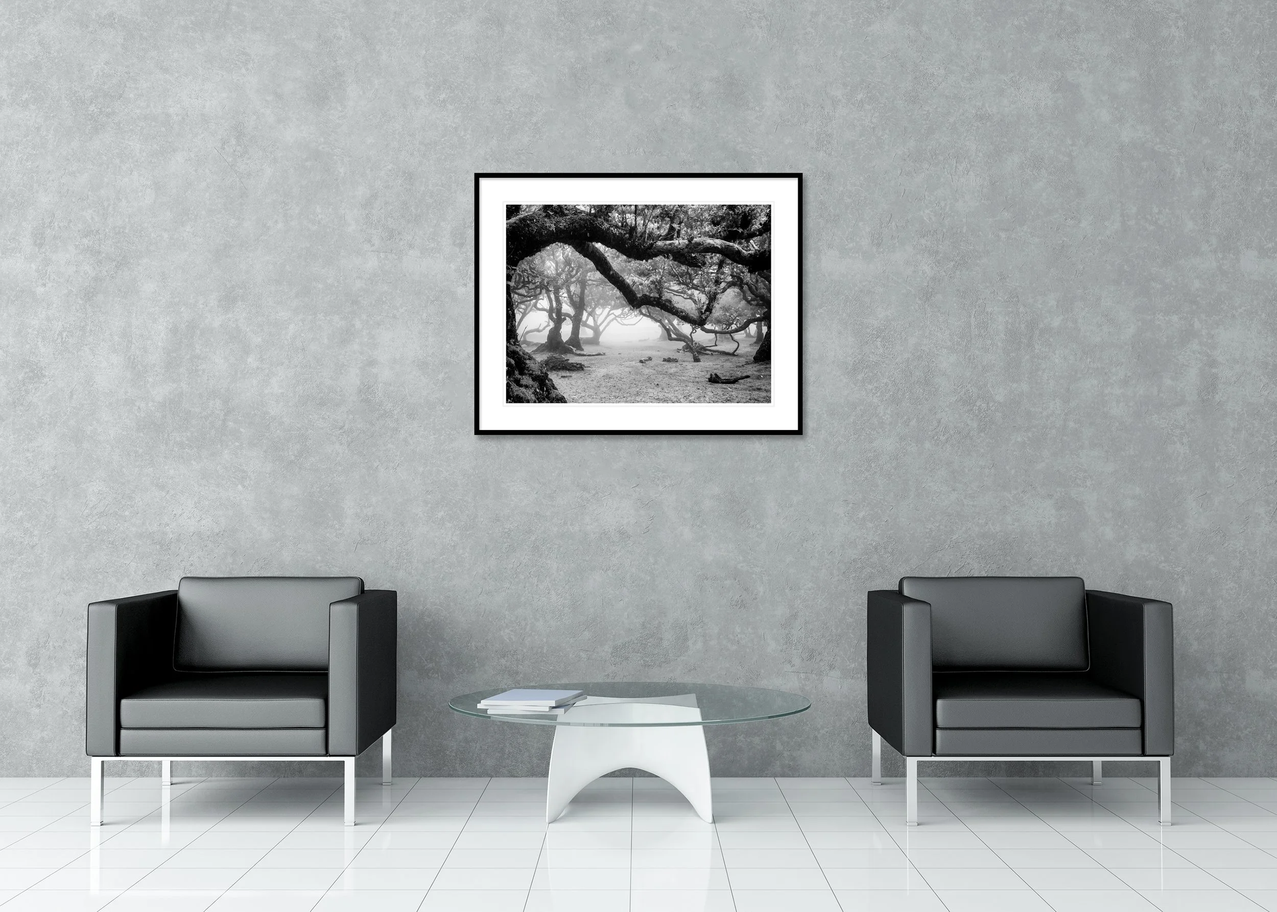 Foggy woodland scene with gnarled tree branches in monochrome, archival pigment print in a classic frame with a mount.
