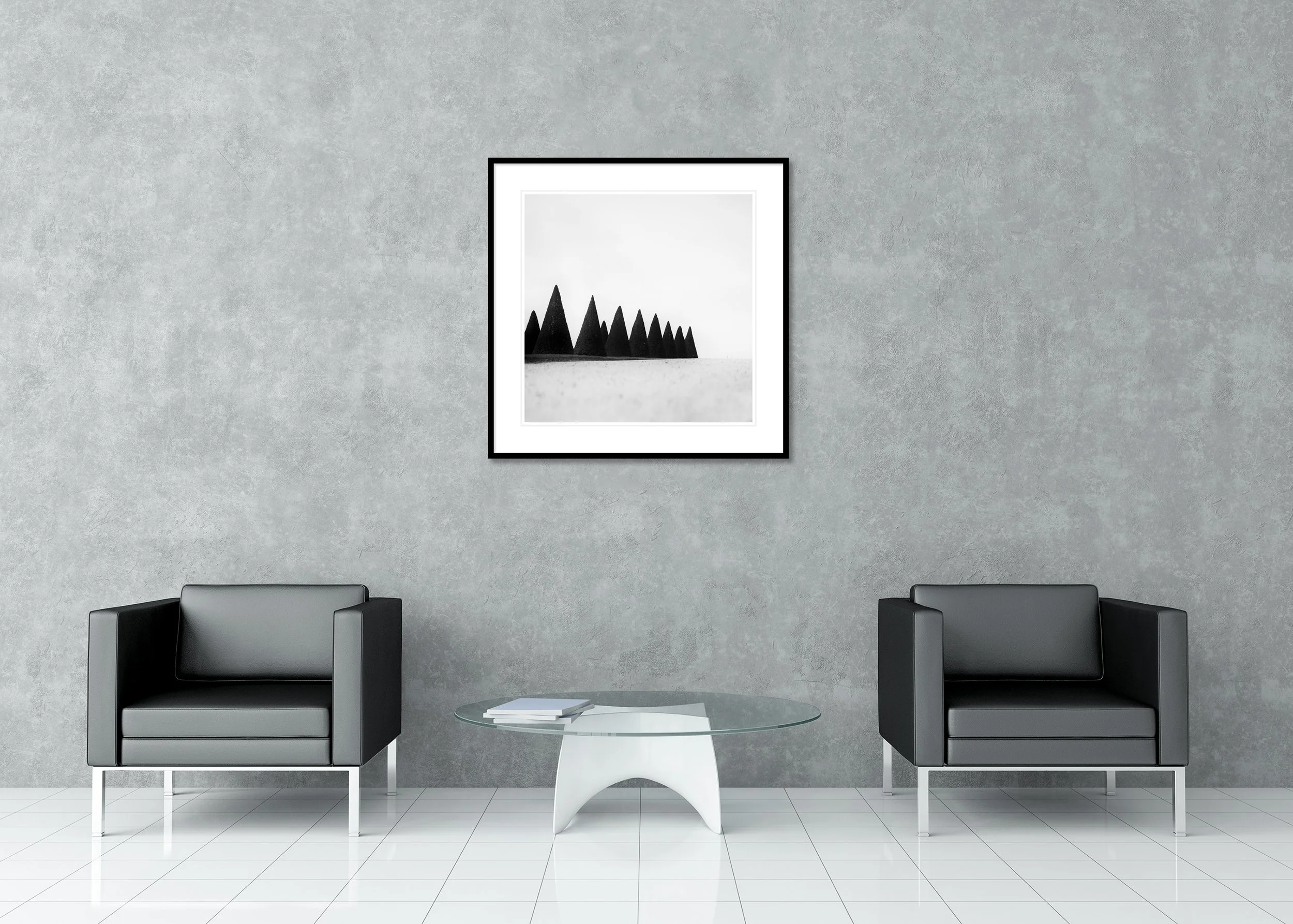 Hedges Study 3 displayed in a modern lounge as an archival pigment print in a black aluminium frame with a white mount by Gerald Berghammer.
