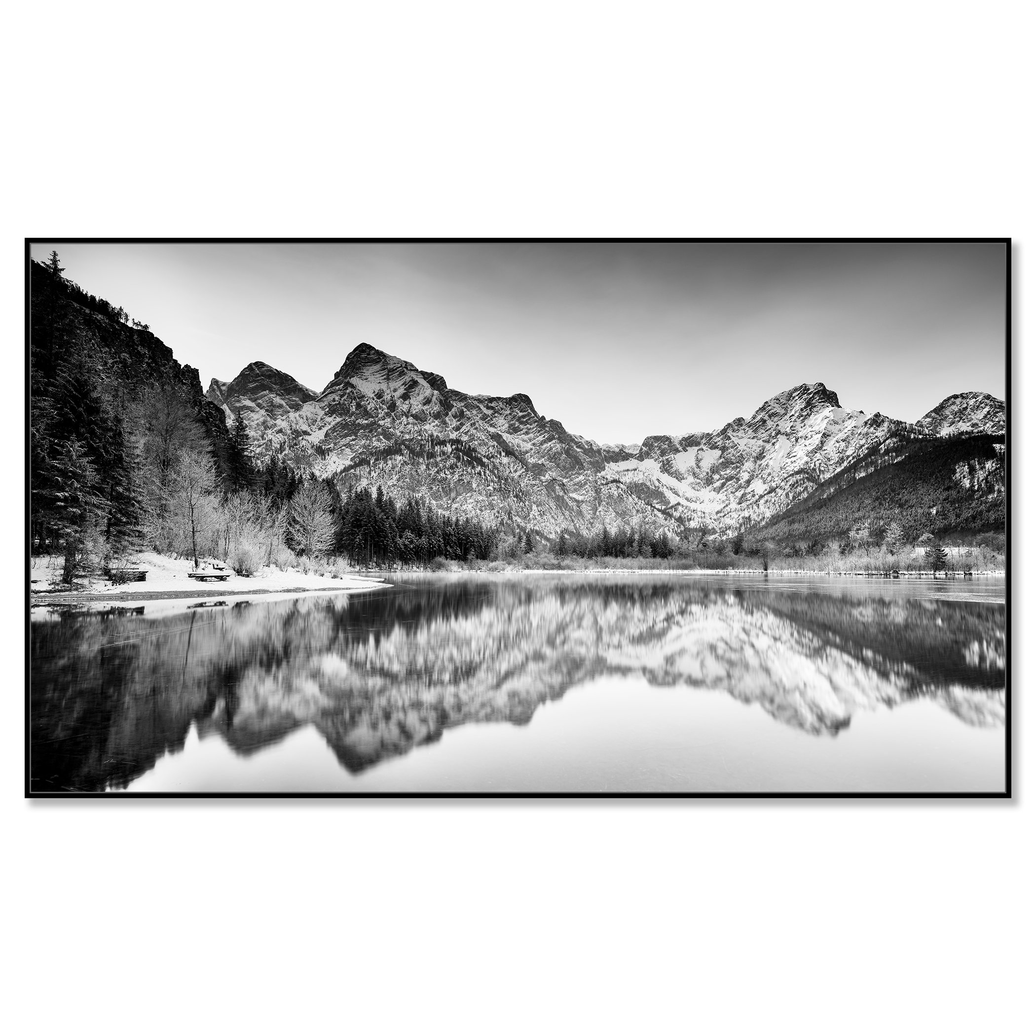Black-and-white winter panorama of Almsee lake with snowy mountains in Austria – framed ArtBox black
