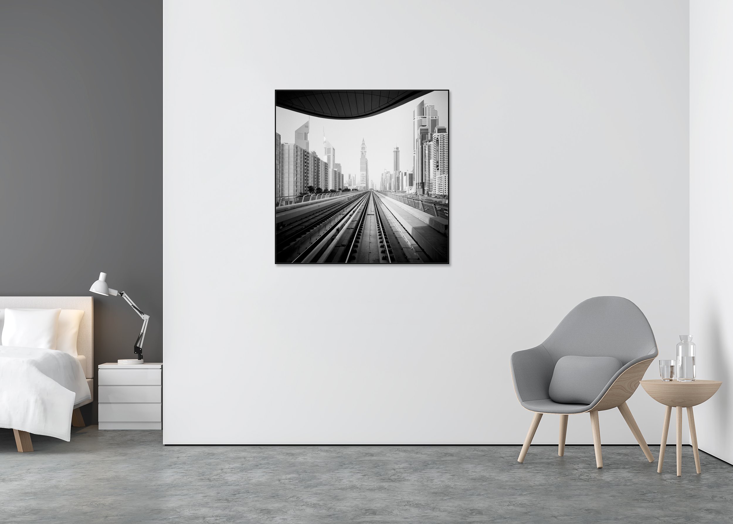 Surreal World displayed in a modern interior, mounted on aluminium Dibond in a black ArtBox frame by Gerald Berghammer.