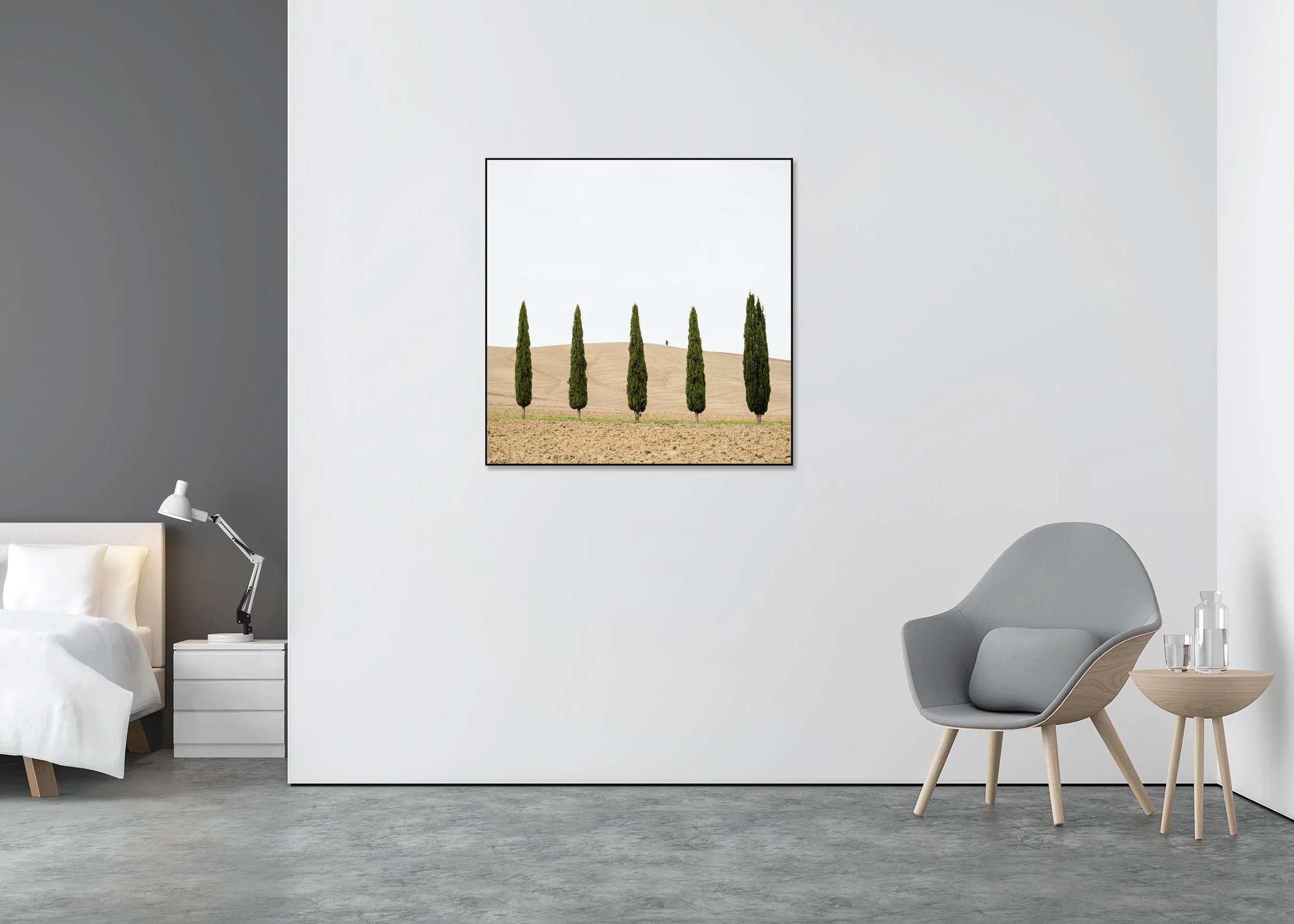 Harvest Field with Cypresses – Tuscany, Italy, colour fine art photo print mounted to Dibond in an aluminium ArtBox frame.