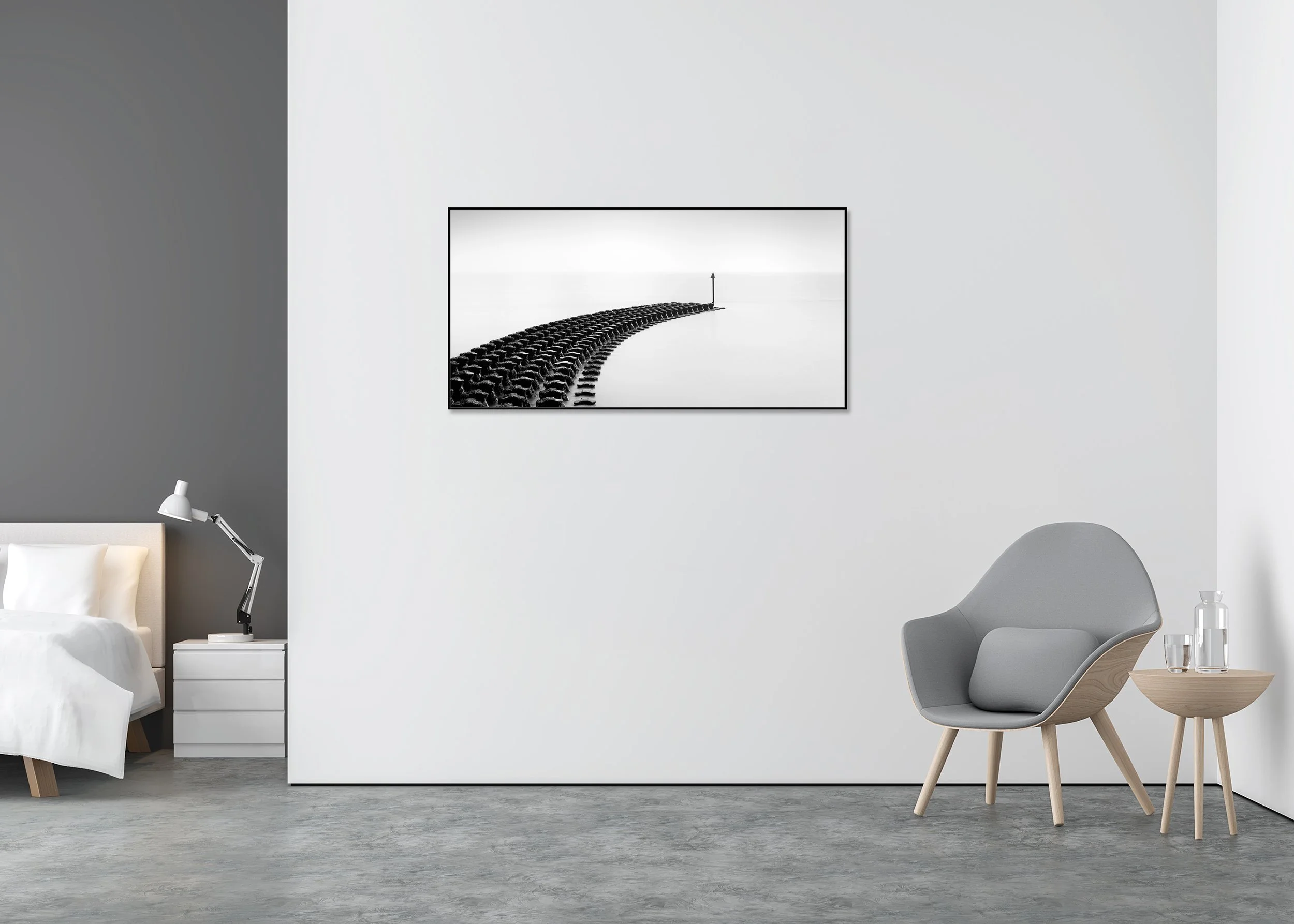 Cobbold’s Point Panorama Study 1 by Gerald Berghammer, black-and-white photograph in a black aluminium ArtBox frame displayed in a minimalist bedroom interior.