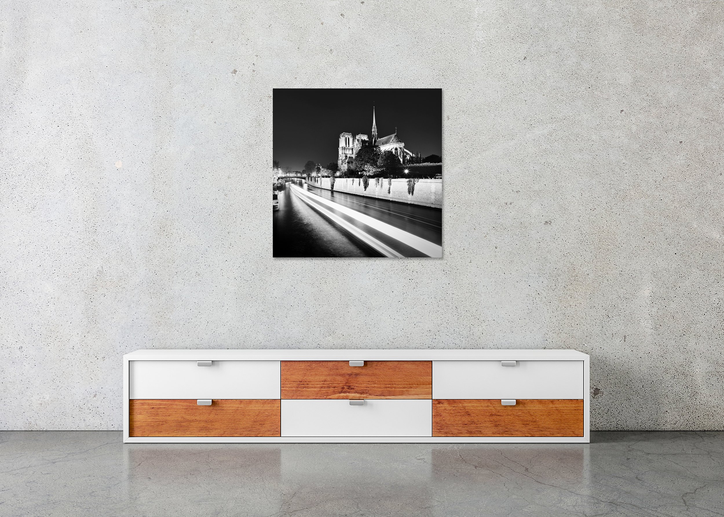 Notre-Dame Night Study 1 displayed in a modern interior as a frameless black-and-white artwork mounted on aluminium Dibond by Gerald Berghammer.