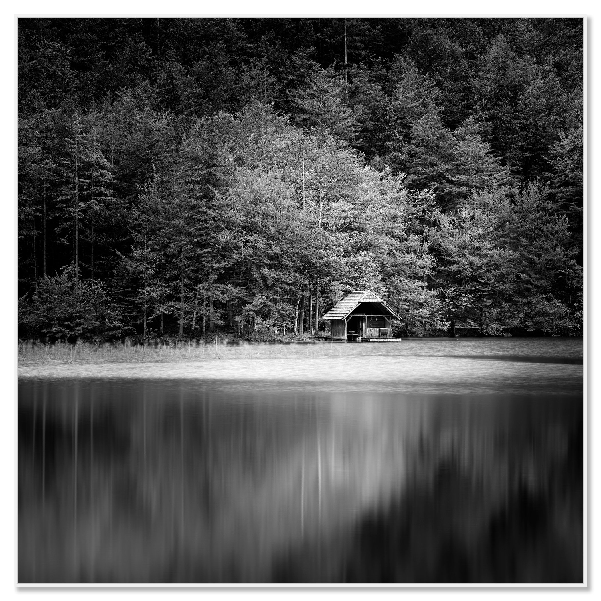 Wooden Boathouse, Study 2 – black-and-white photograph in a white aluminium ArtBox frame.