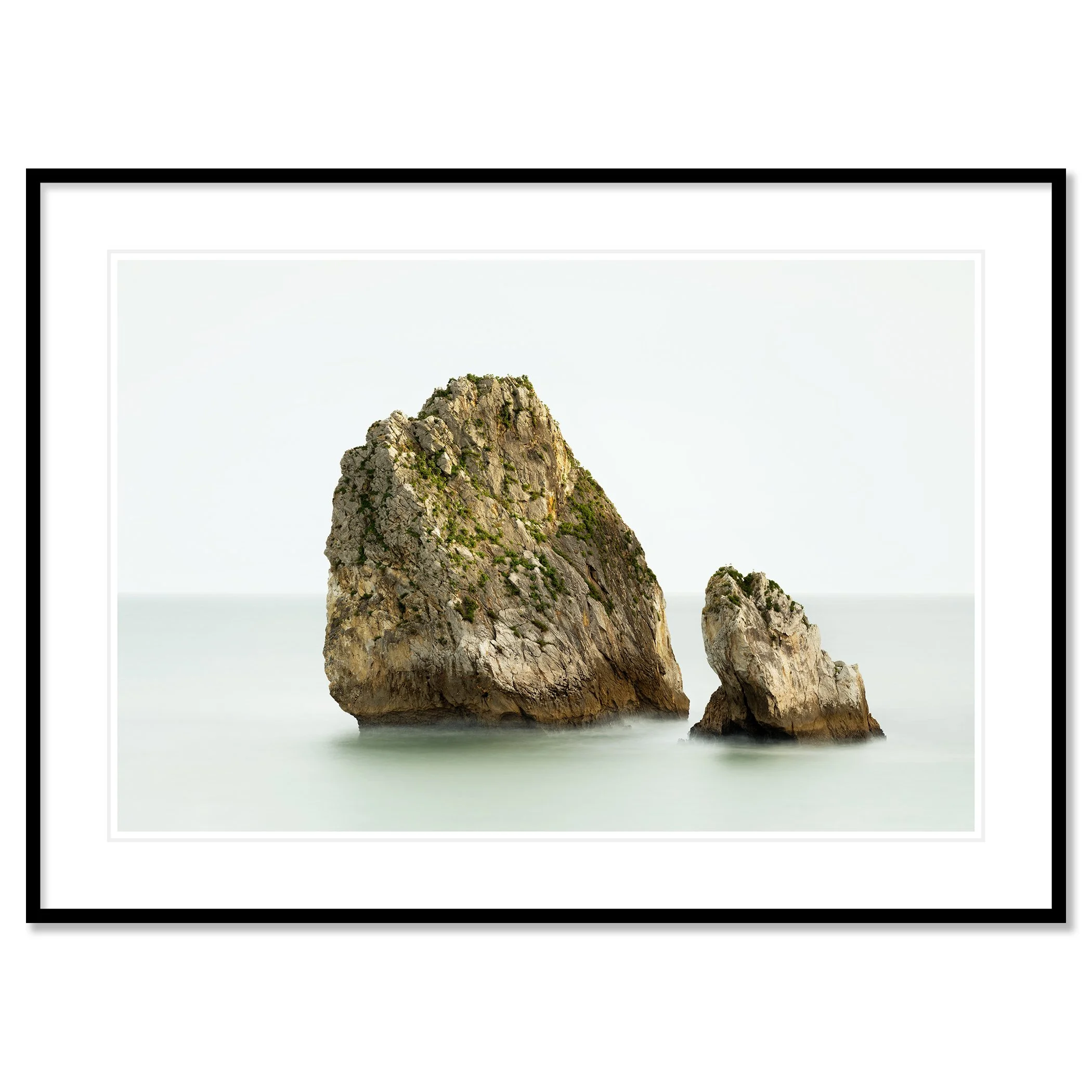 Two Rocks in the Sea Study 1 by Gerald Berghammer as an archival pigment print in a black aluminium frame with white mount.