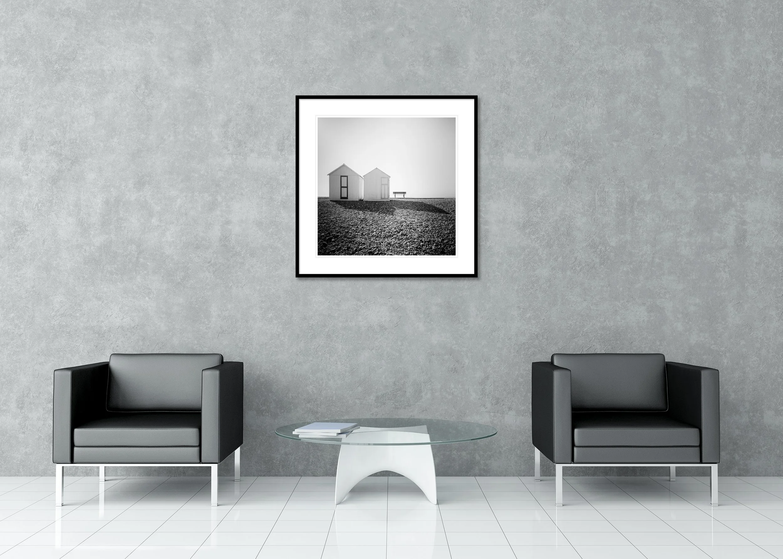 Beach Huts, Study 2 – France, archival pigment print in an aluminium frame with a white mount displayed in a modern interior. Photo by Gerald Berghammer.