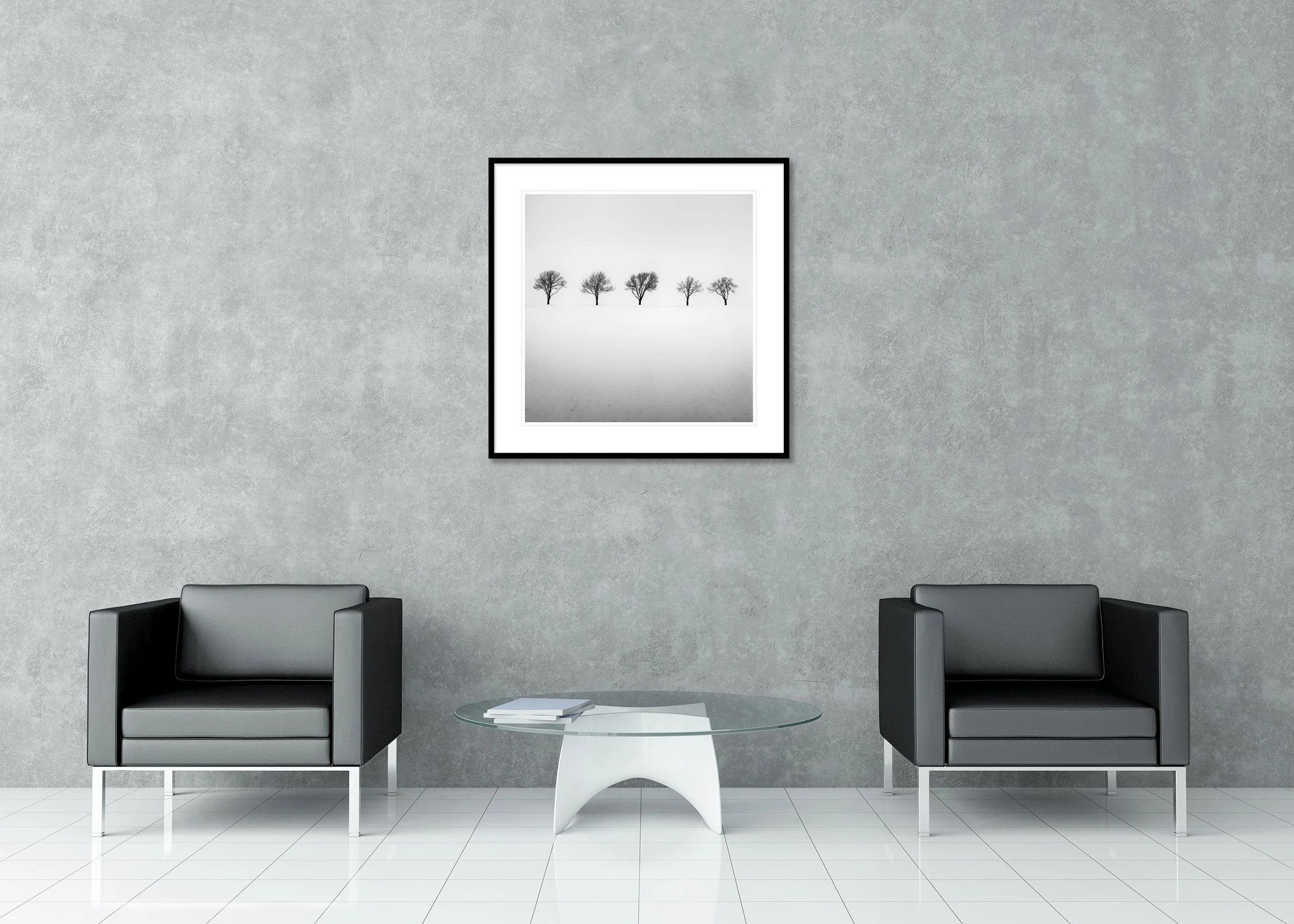 Five Trees in Snowy Field by Gerald Berghammer displayed in a contemporary interior in a black aluminium frame with a white mount.