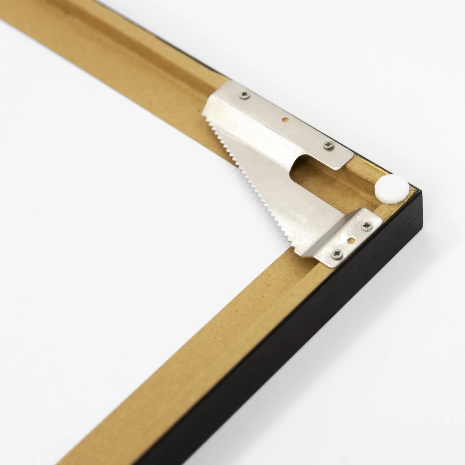 Close-up of the handmade wooden frame construction and metal corner fitting on the reverse of Harness Racing – France by Gerald Berghammer.