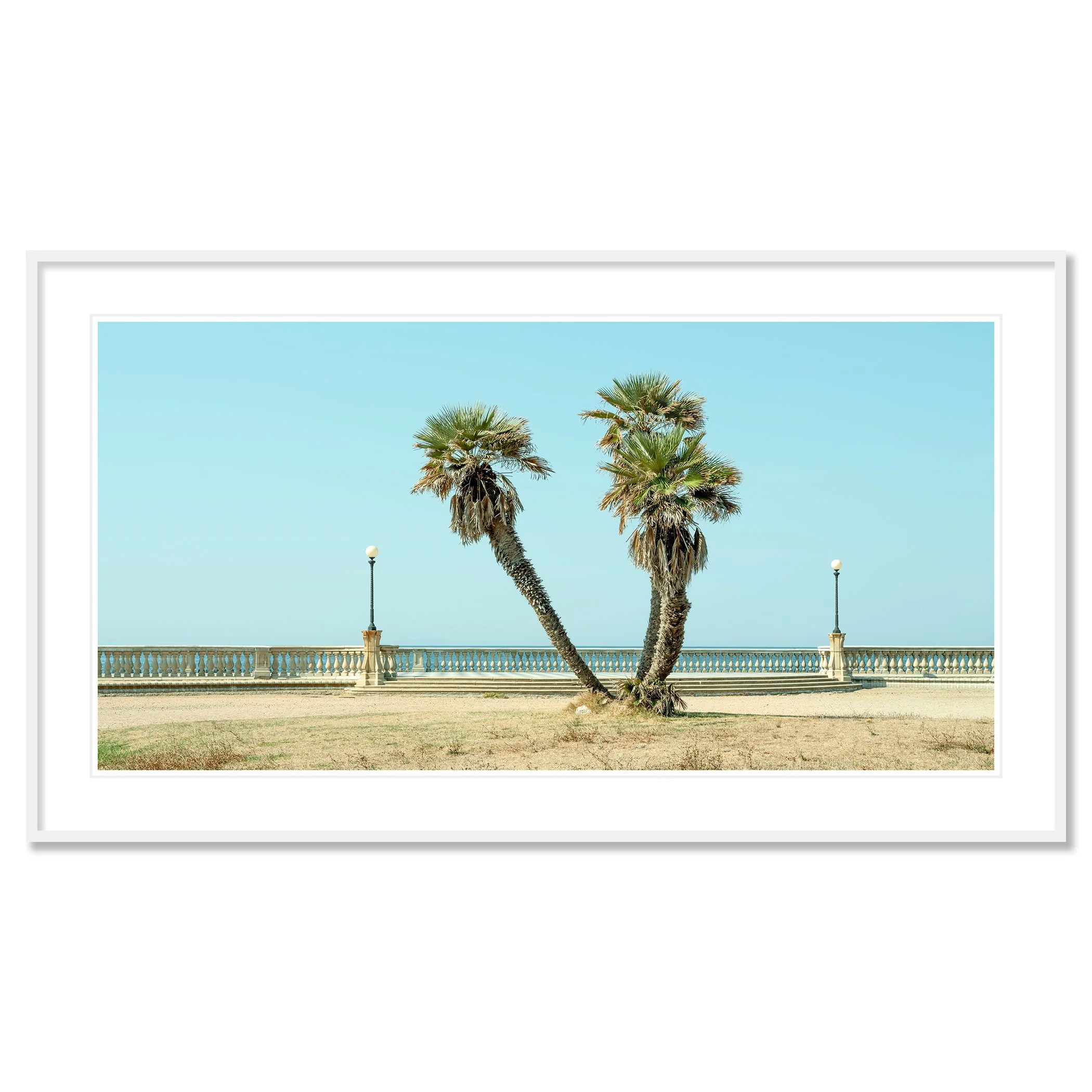 Twin Palms by the Sea – Tuscany, pigment print in a white aluminium frame with mount, photo by Gerald Berghammer.