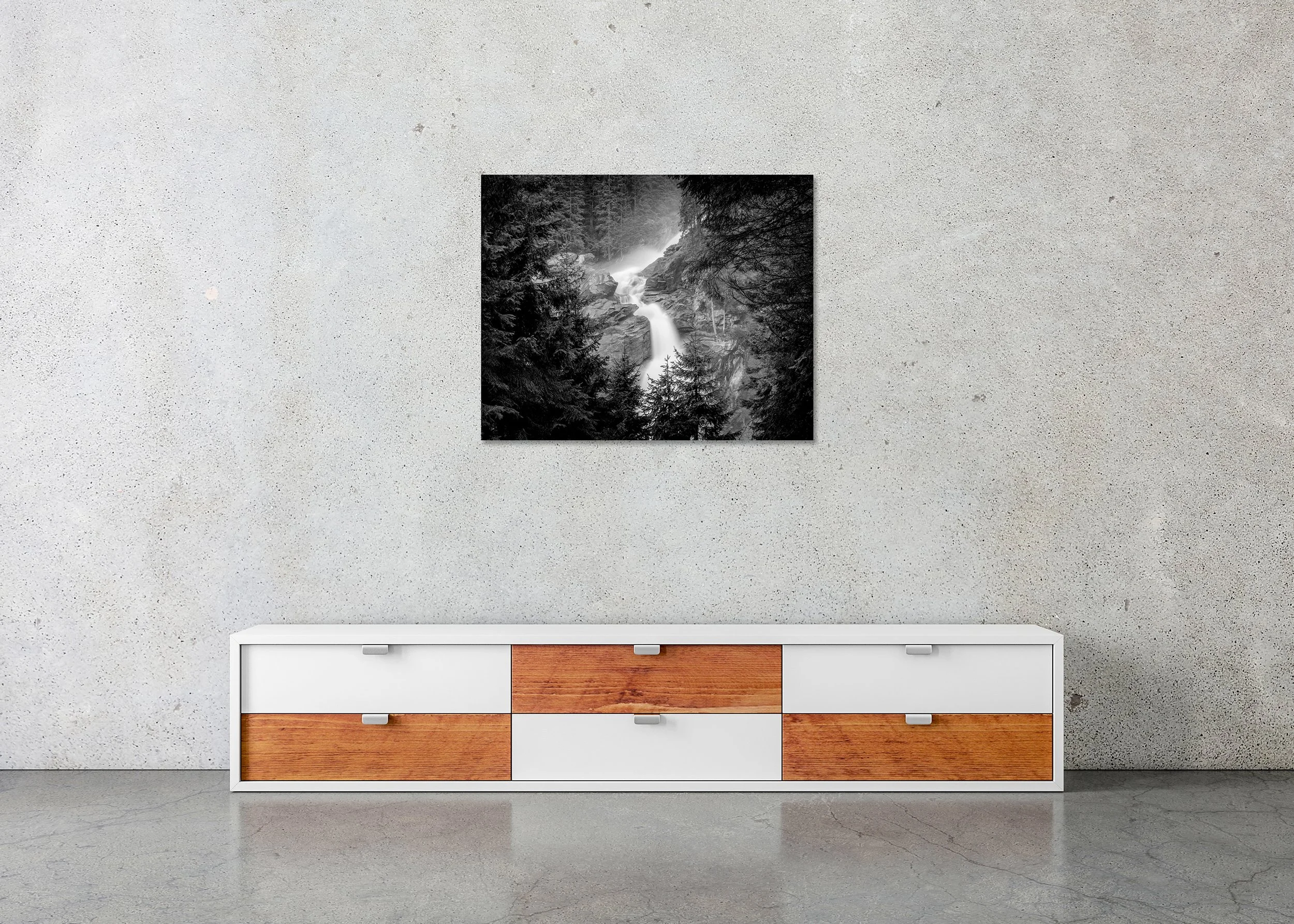 Moody monochrome photo print of Krimml Waterfalls in a forested mountain setting, mounted to Dibond with a frameless finish