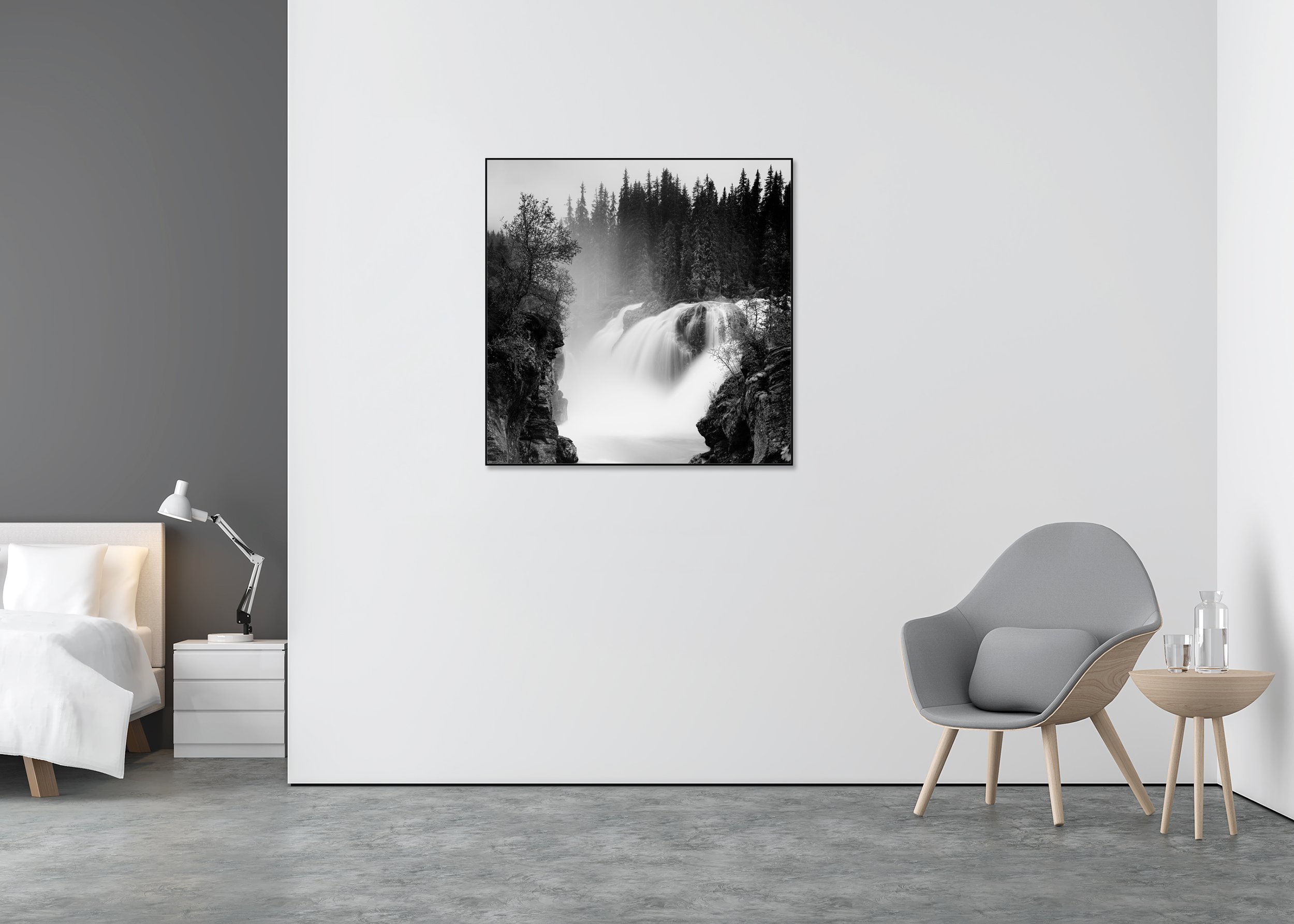 Large cascading waterfall in a forest landscape with mist and rocky walls, mounted as a Dibond photo print in an aluminium ArtBox