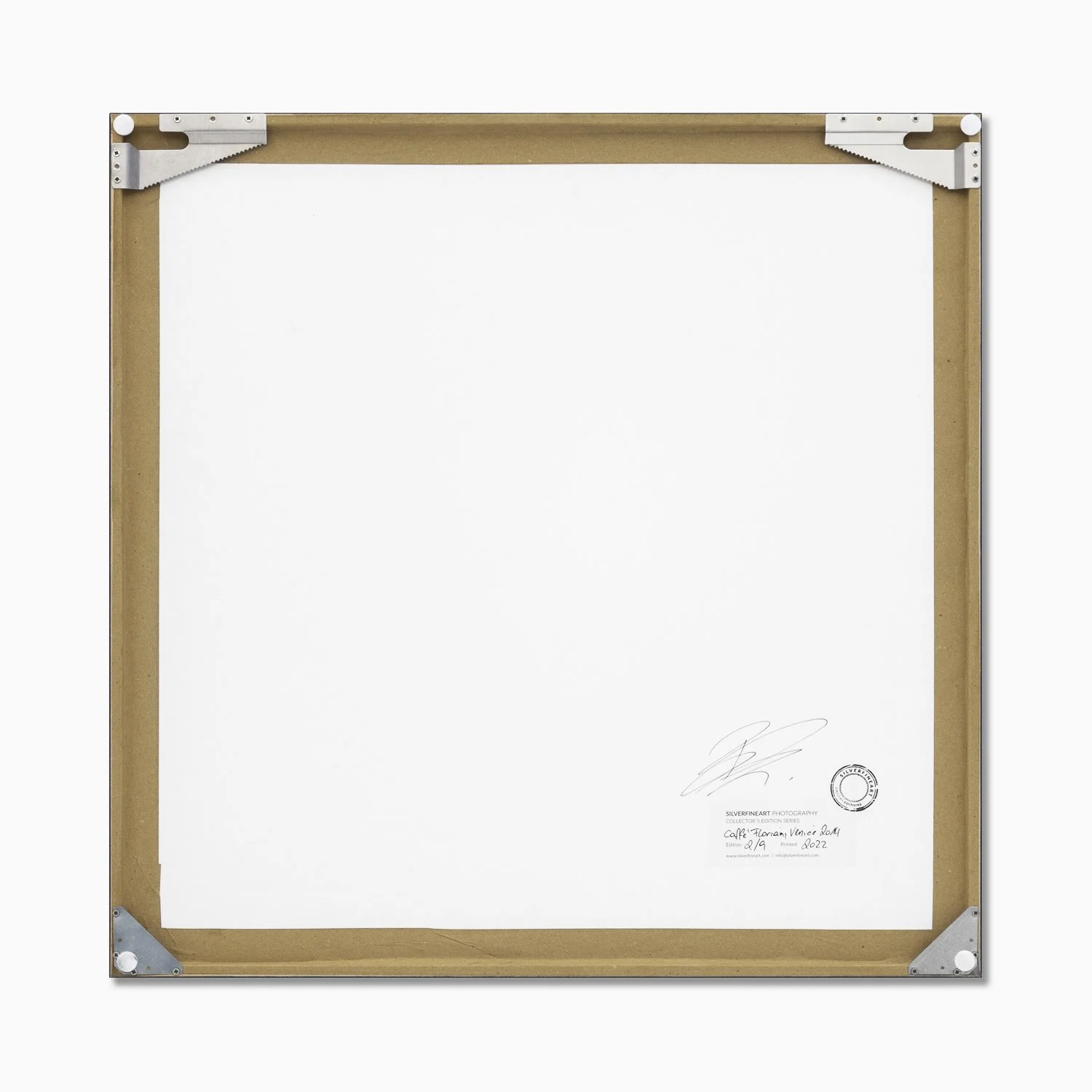 Reverse of Caffè Florian framed fine art photograph by Gerald Berghammer, showing the wooden backing, signature and mounting fittings.