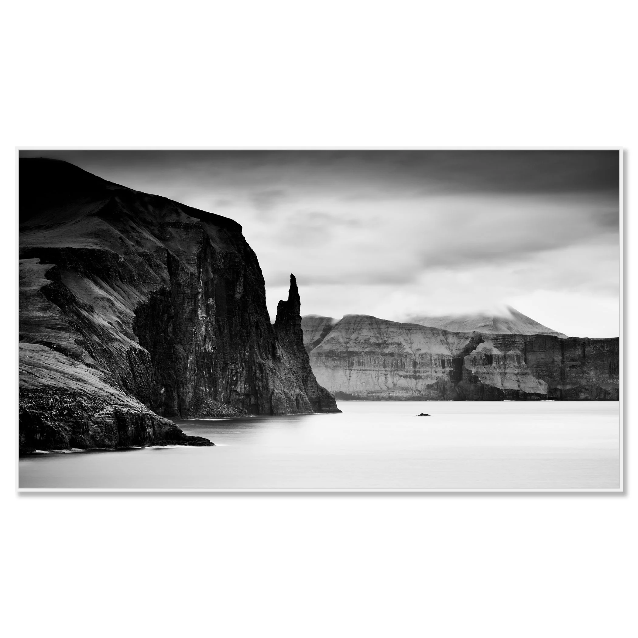 Trøllkonufingur Monolith Panorama black-and-white photograph in a white aluminium ArtBox frame