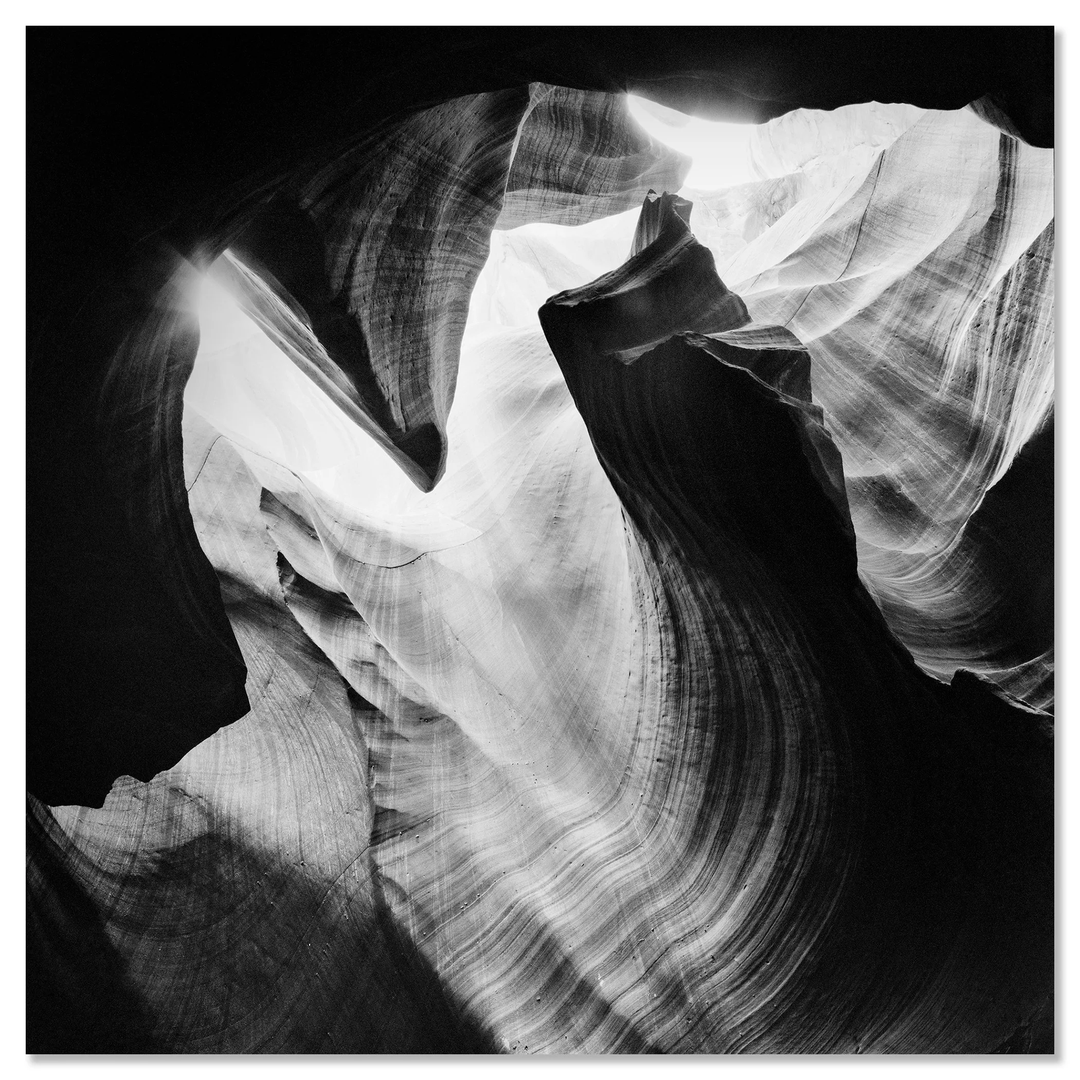 Antelope Canyon Study 4 displayed as a frameless black-and-white artwork mounted on aluminium Dibond by Gerald Berghammer.