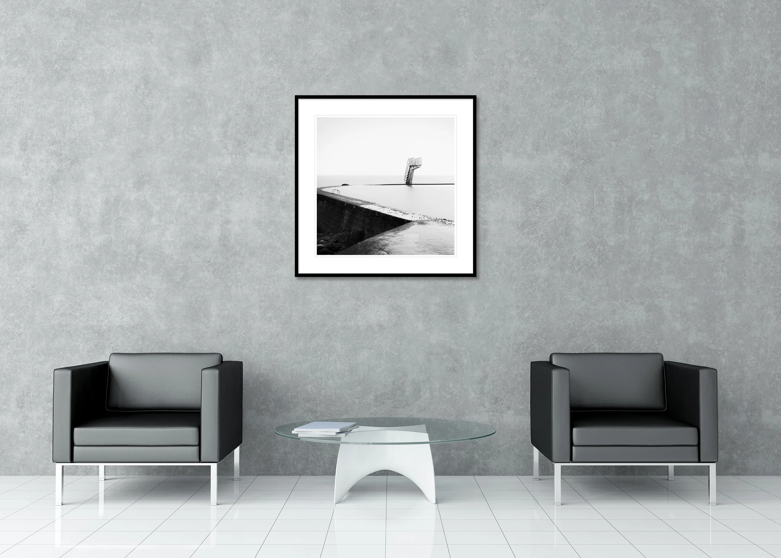 Diving Platform Study 3 displayed in a modern interior as an archival pigment print in a black aluminium frame with a white mount by Gerald Berghammer.