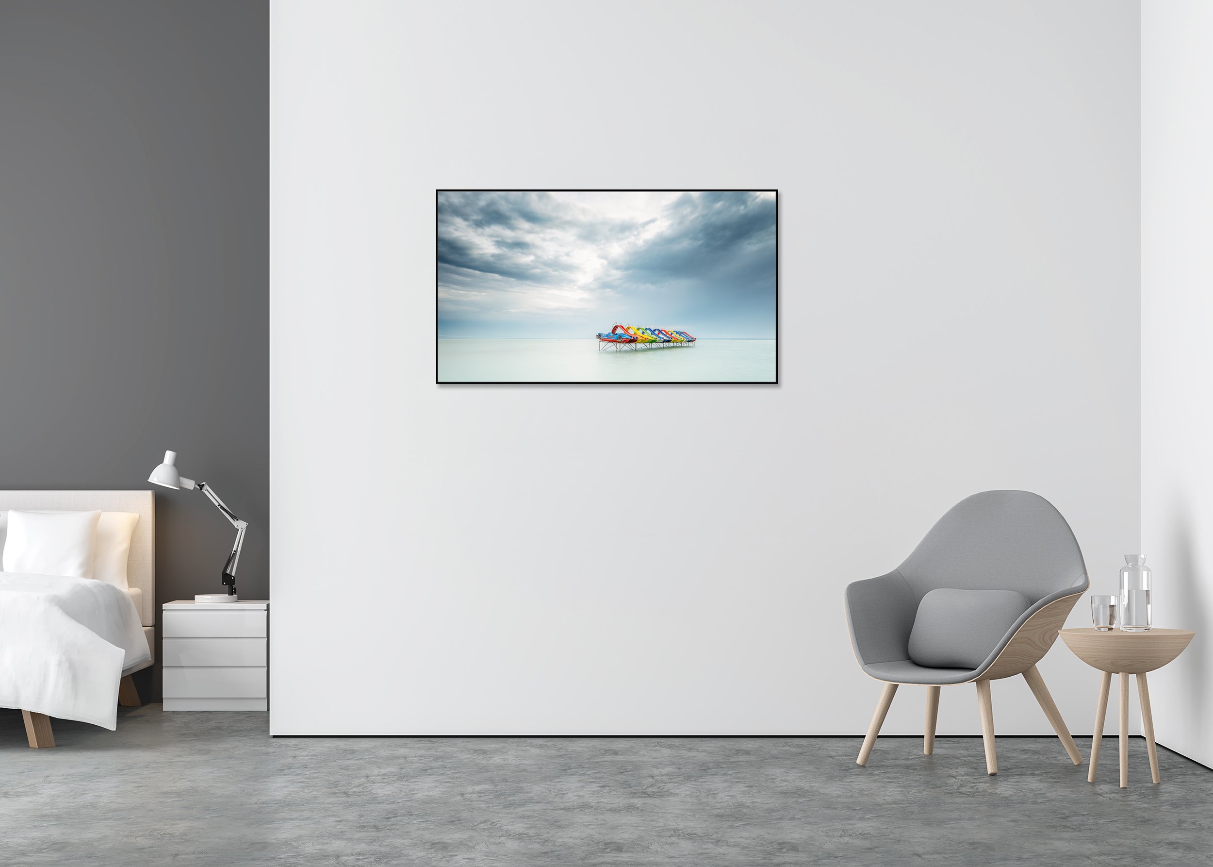 Row of Colourful Pedal Boats, Panorama – Dibond print in a black aluminium ArtBox displayed in a minimalist bedroom.