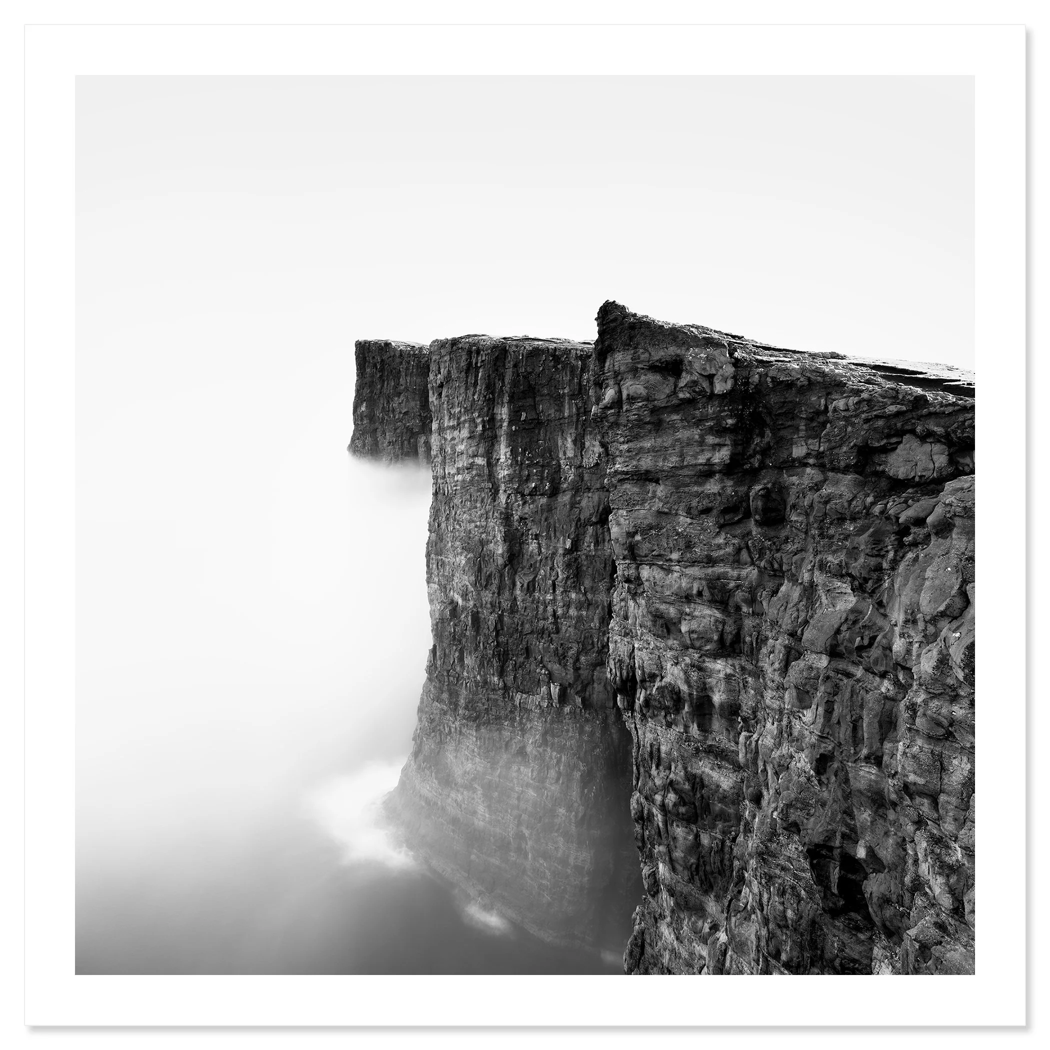 Foggy Slave Cliff Study 3 by Gerald Berghammer, black-and-white fine art print with white border depicting mist-covered cliffs in the Faroe Islands.