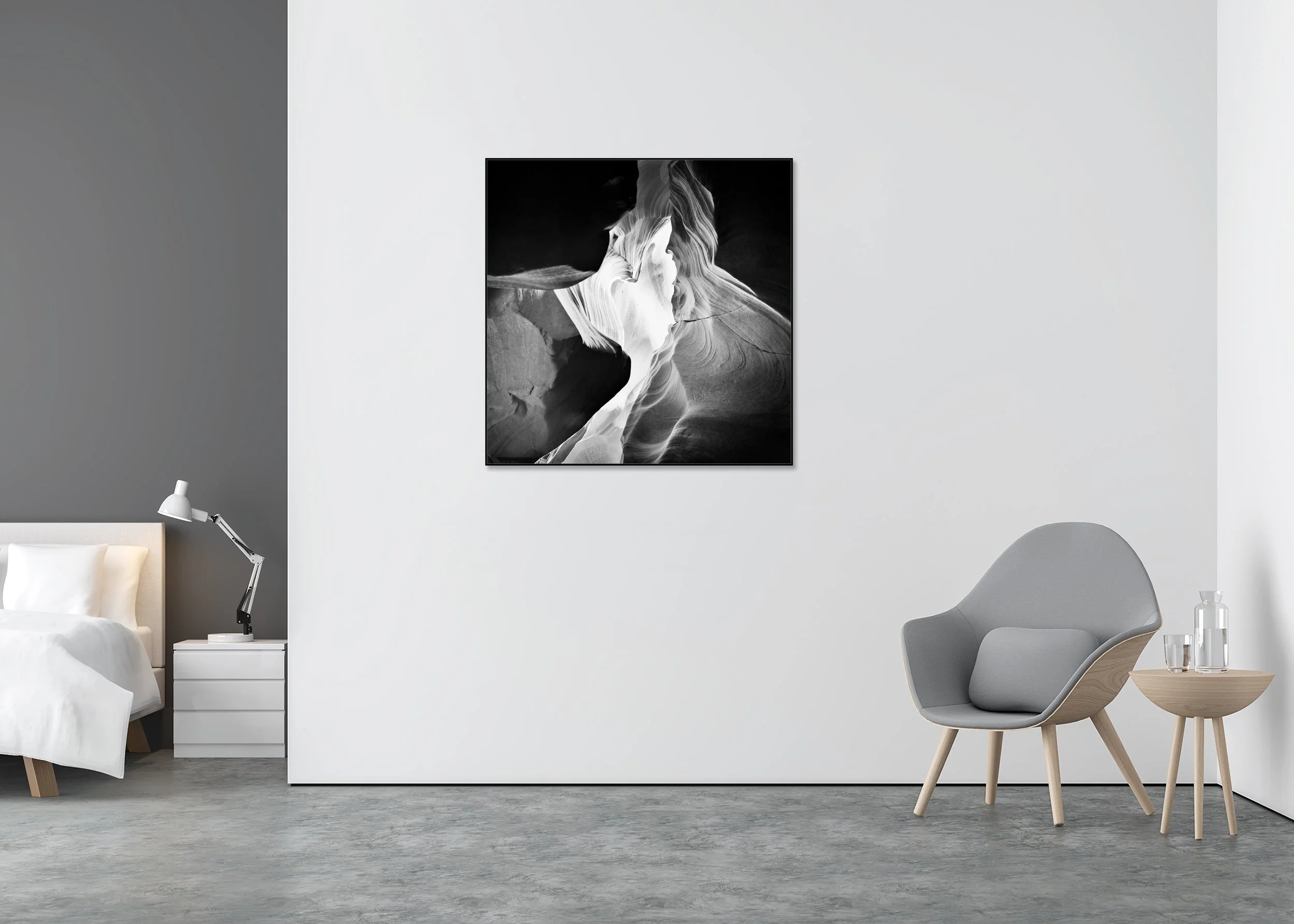 Antelope Canyon Study 9 displayed in a modern interior as a black-and-white Dibond print in a black aluminium ArtBox frame by Gerald Berghammer.