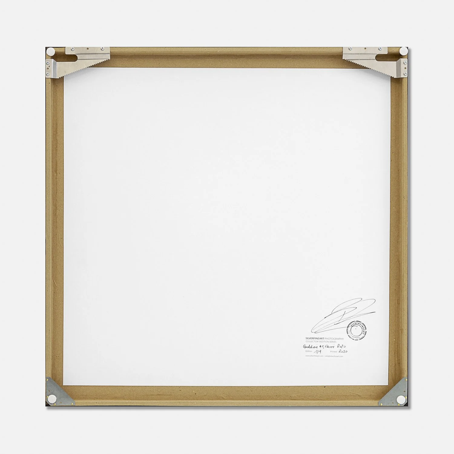 Reverse of Gondoliere Study 1 by Gerald Berghammer, showing the wooden frame, white backing board and artist’s signature.
