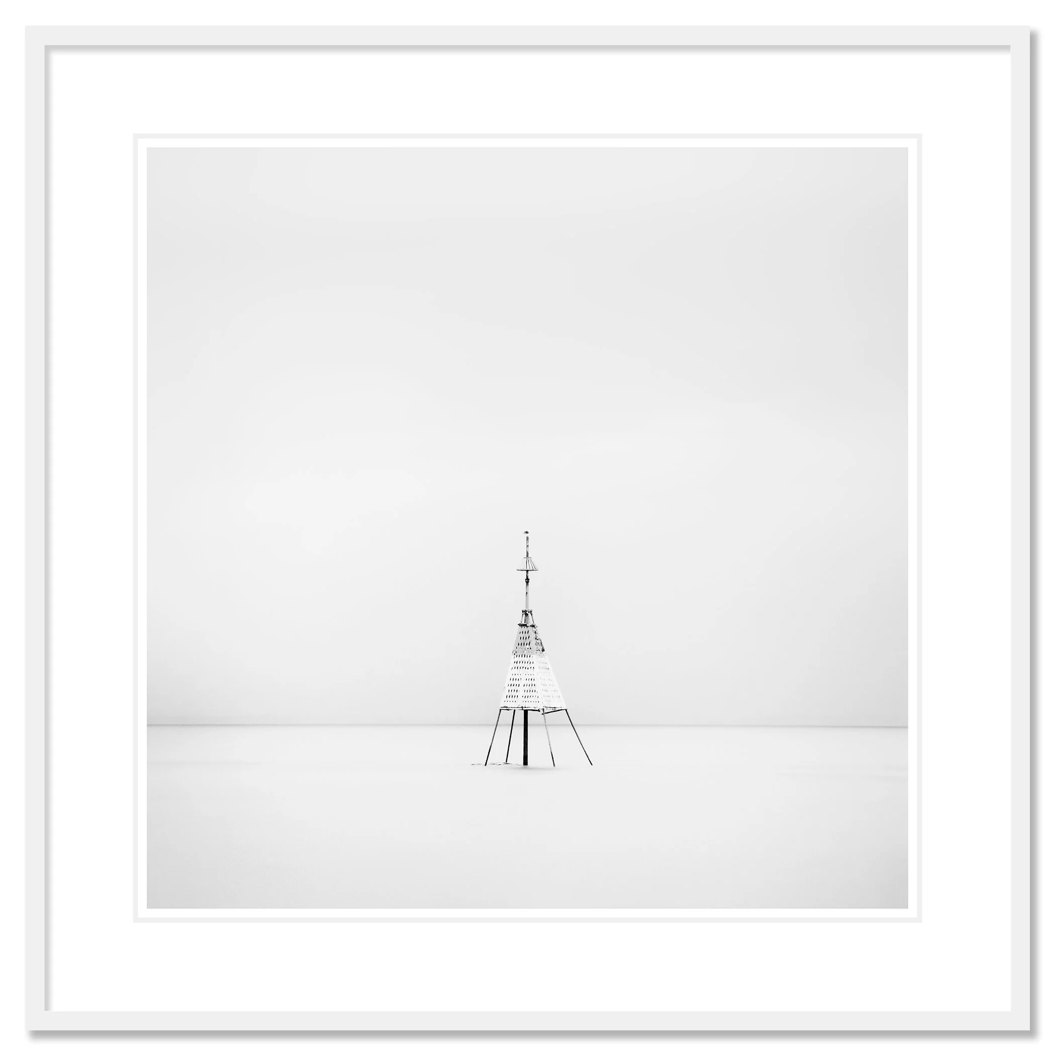 Gerald Berghammer - Black and white long exposure seascape photography. Solitary metal structure lighthouse with a conical top, standing in the Ocean. Chromaluxe framed white