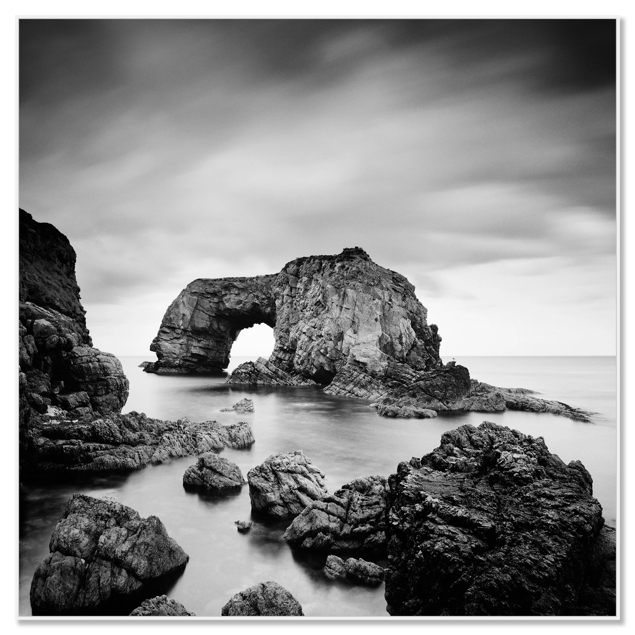 Great Pollet Sea Arch, Ireland, black-and-white photograph in a white aluminium ArtBox frame