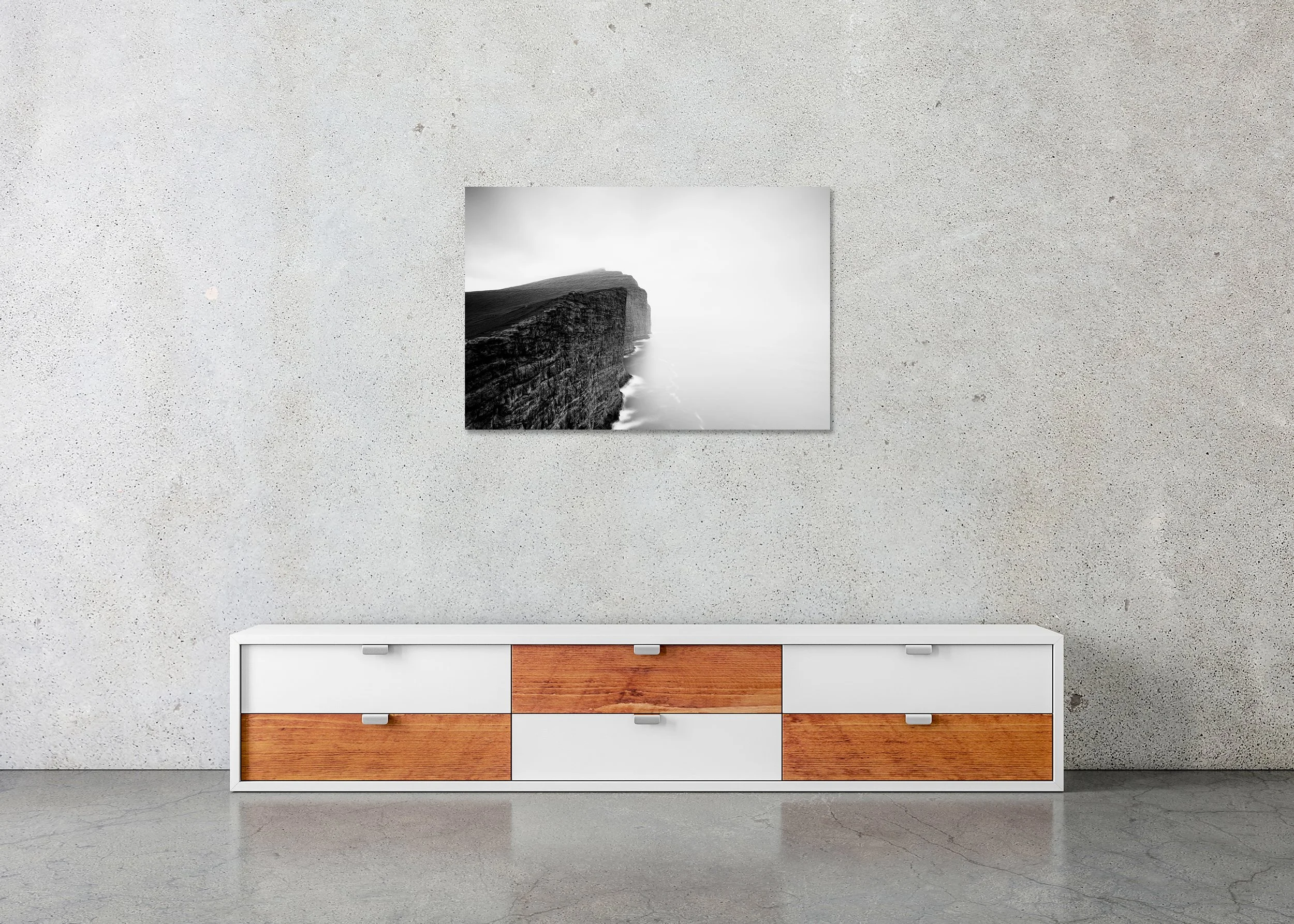 Foggy Slave Cliff Study 2 – Faroe Islands, black-and-white photo print mounted to Dibond, frameless