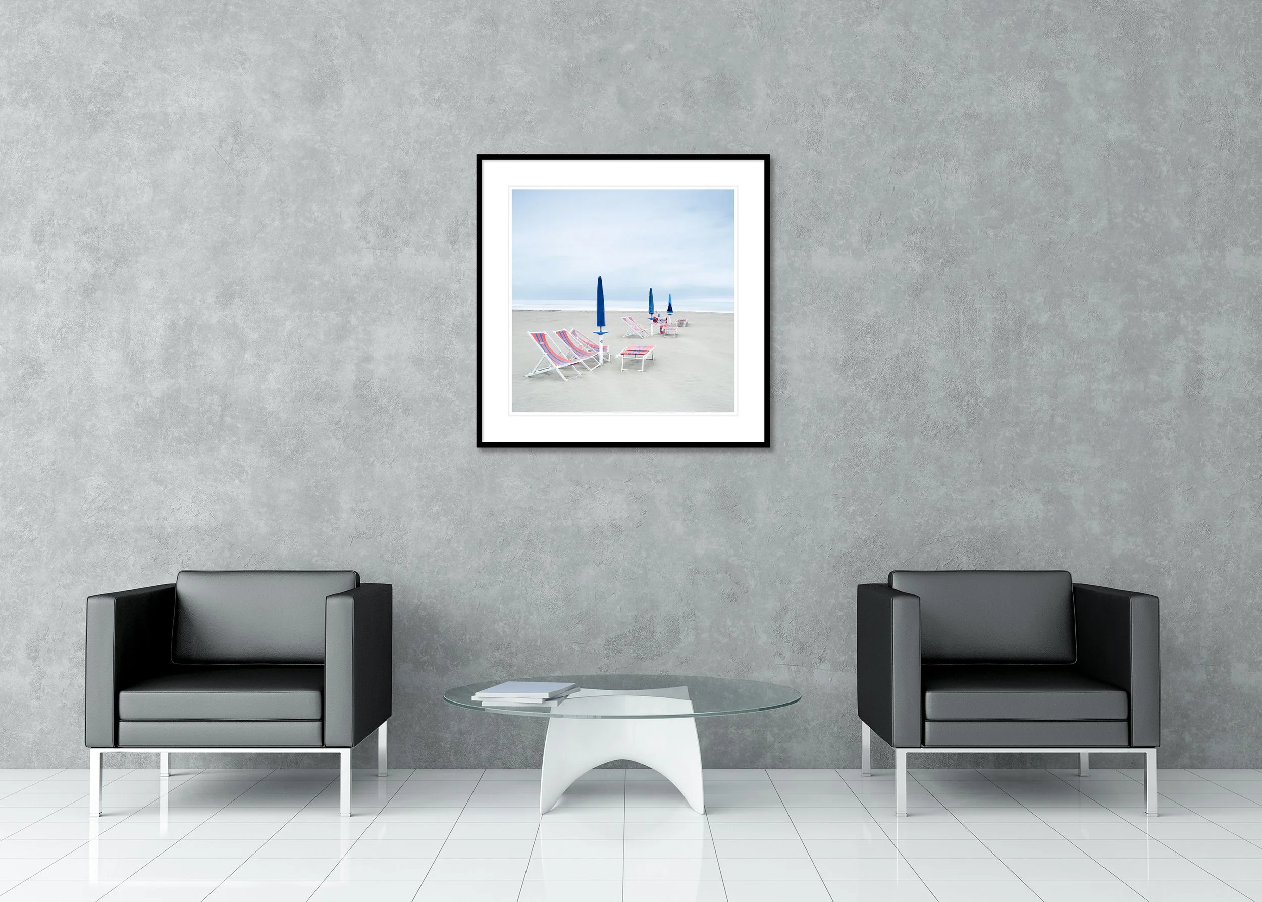 Sun Loungers on the Beach, Study 2 – colour archival pigment print in an aluminium frame with a white mount displayed in a modern interior.