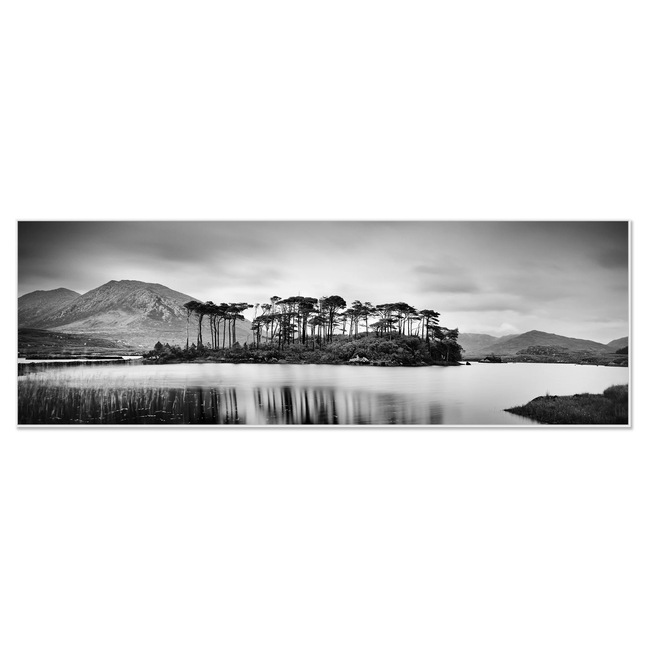 Gerald Berghammer - Black and white panorama landscape photography. Small island with tall trees, surrounded by water, mountains, and cloudy sky. Chromaluxe framed white