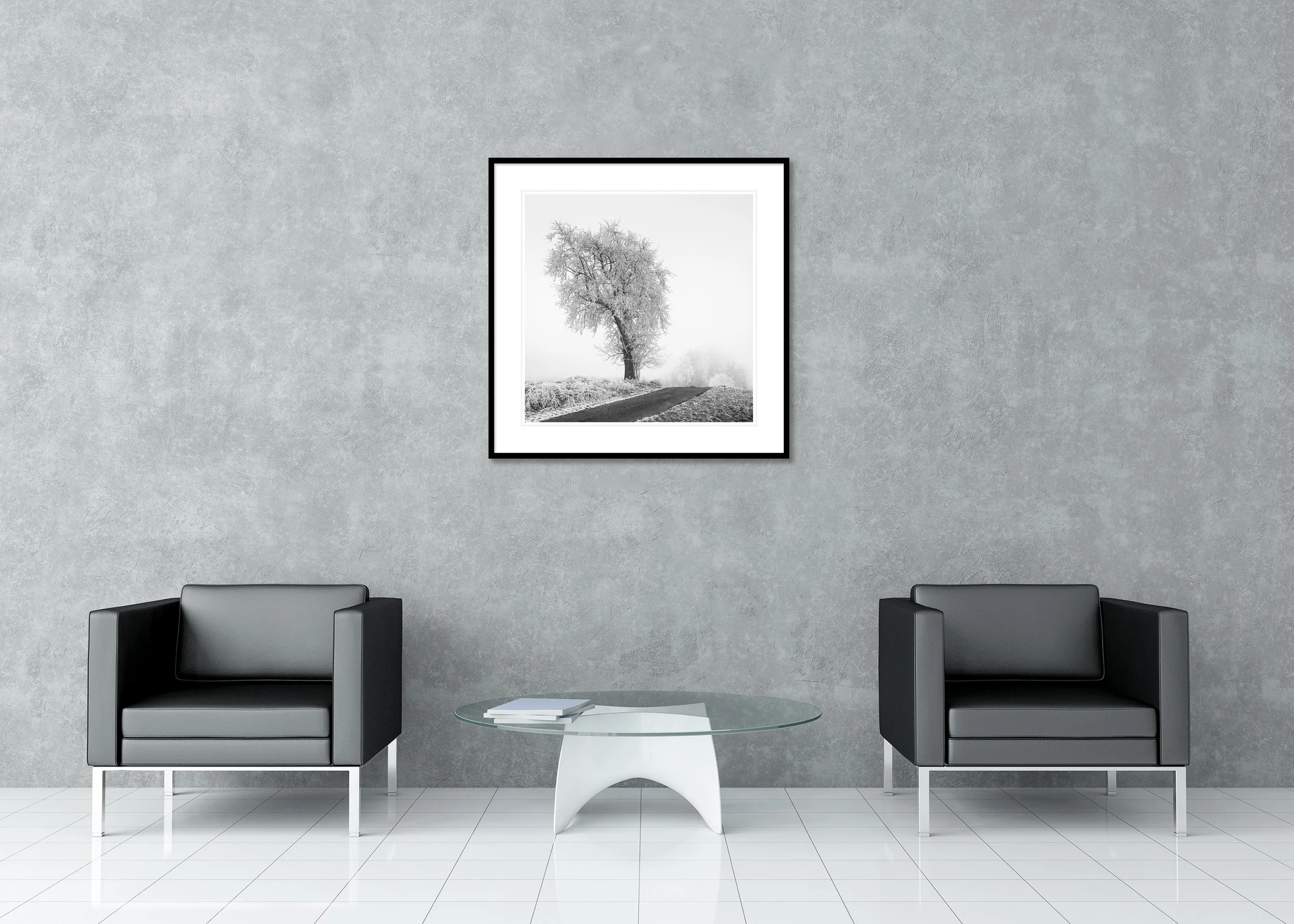 Frozen Farmland Study 3 by Gerald Berghammer displayed in a modern interior as an archival pigment print in a black aluminium frame with a white mount.