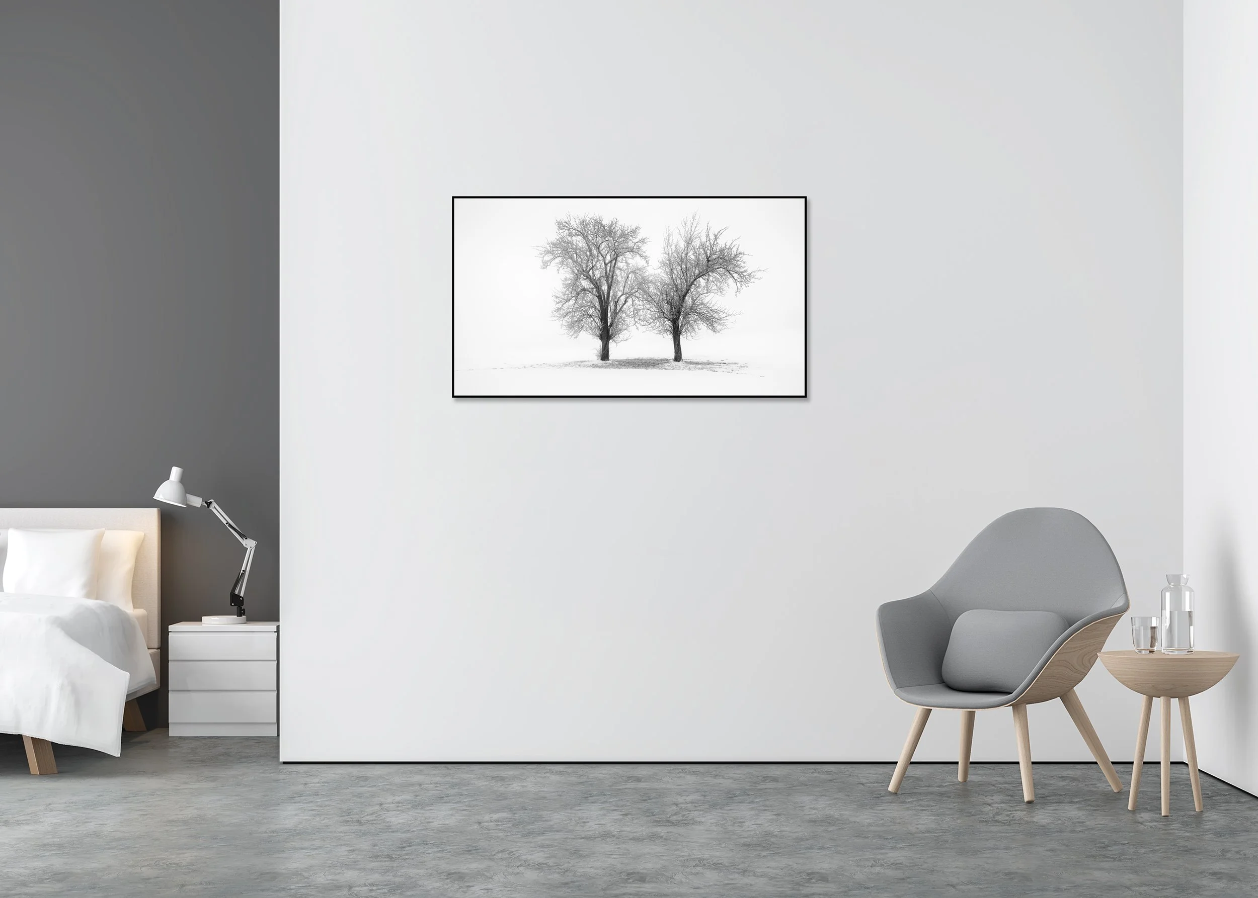 Still Winter Morning Study 1 – Austria, black-and-white fine art photo print mounted to Dibond in an aluminium ArtBox