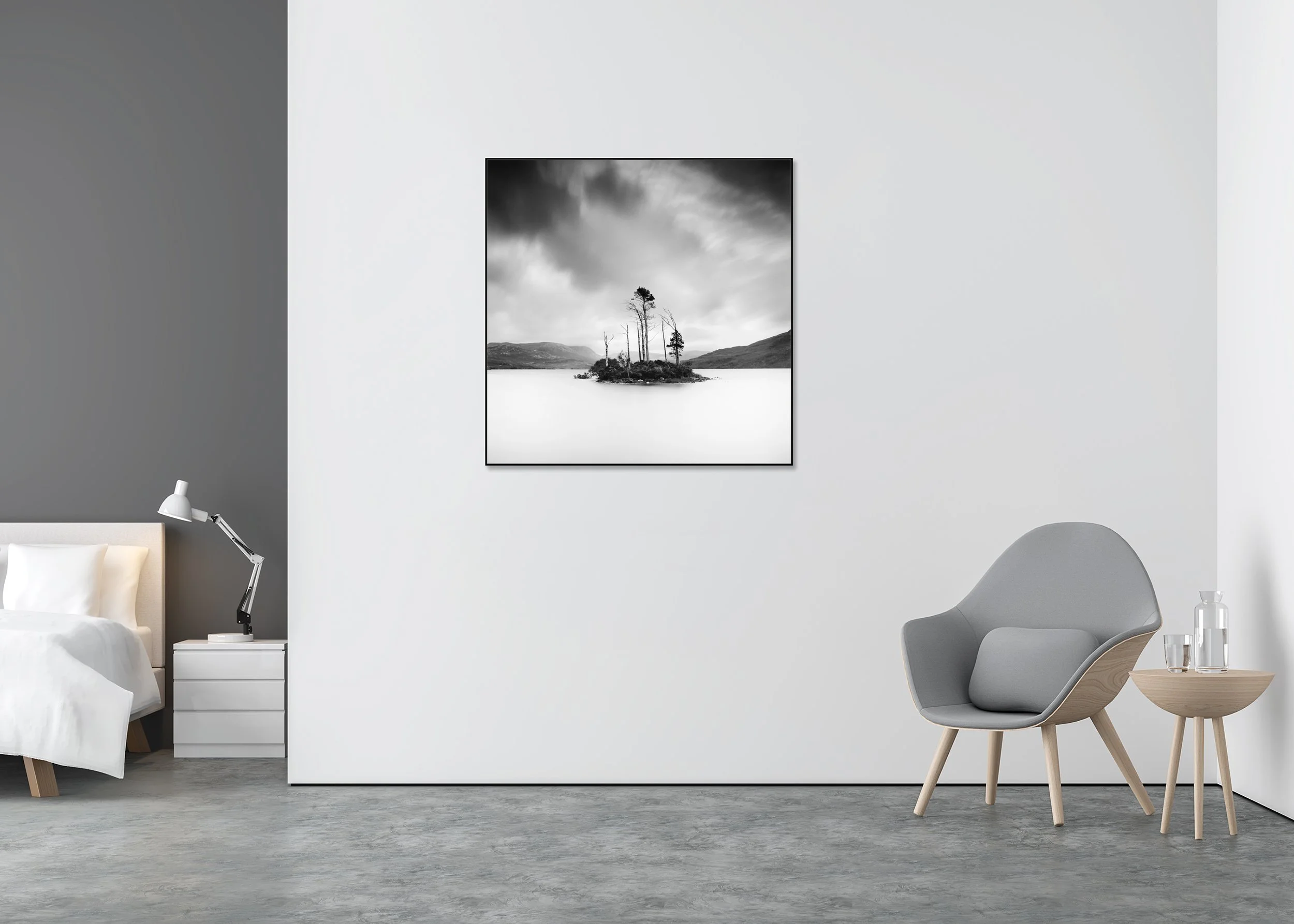 Drowned Island Study 1 displayed in a modern interior, mounted on aluminium Dibond in a black ArtBox frame by Gerald Berghammer.