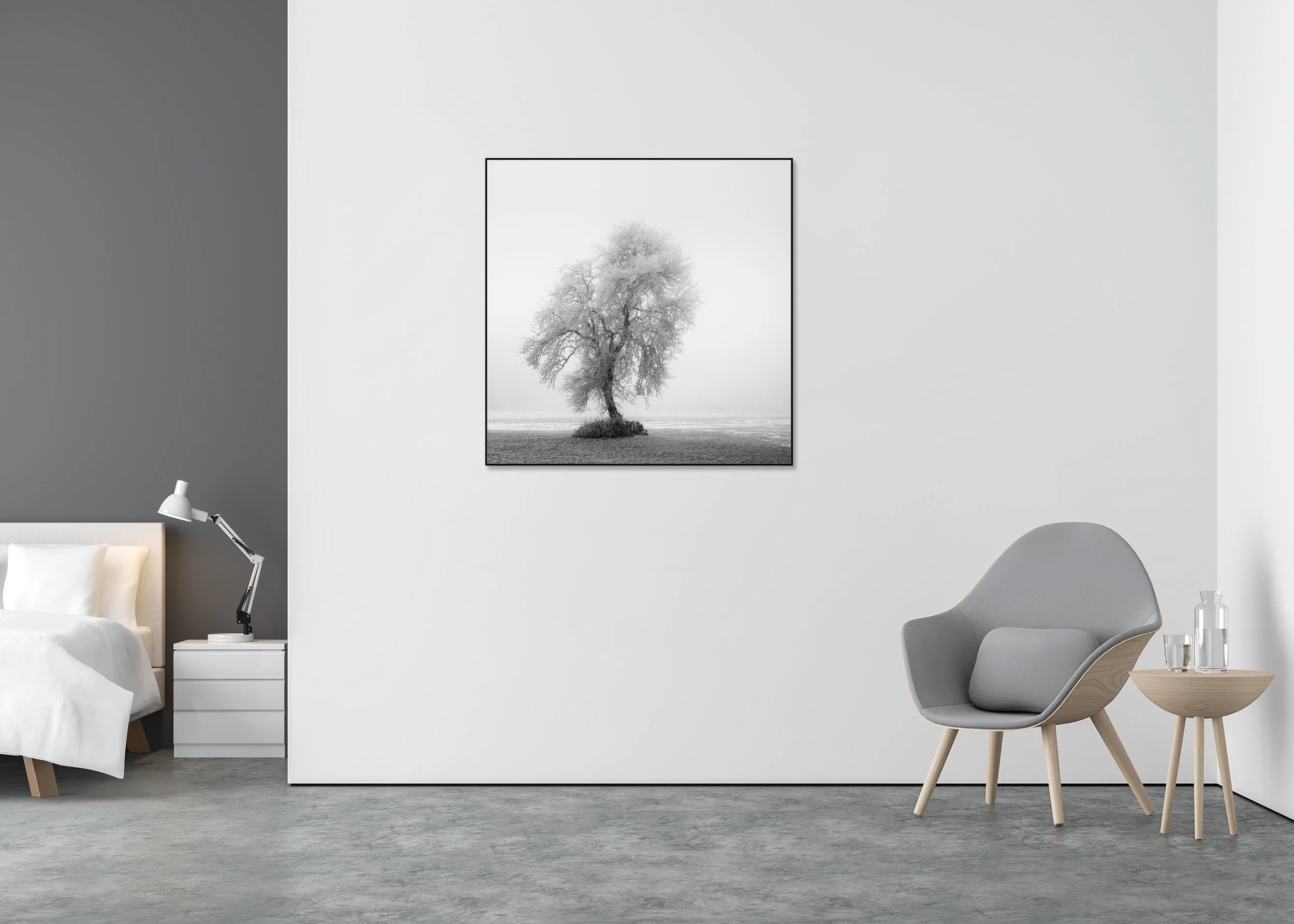 Frozen Farmland Study 2 displayed in a modern interior, mounted on aluminium Dibond in a black ArtBox frame by Gerald Berghammer.