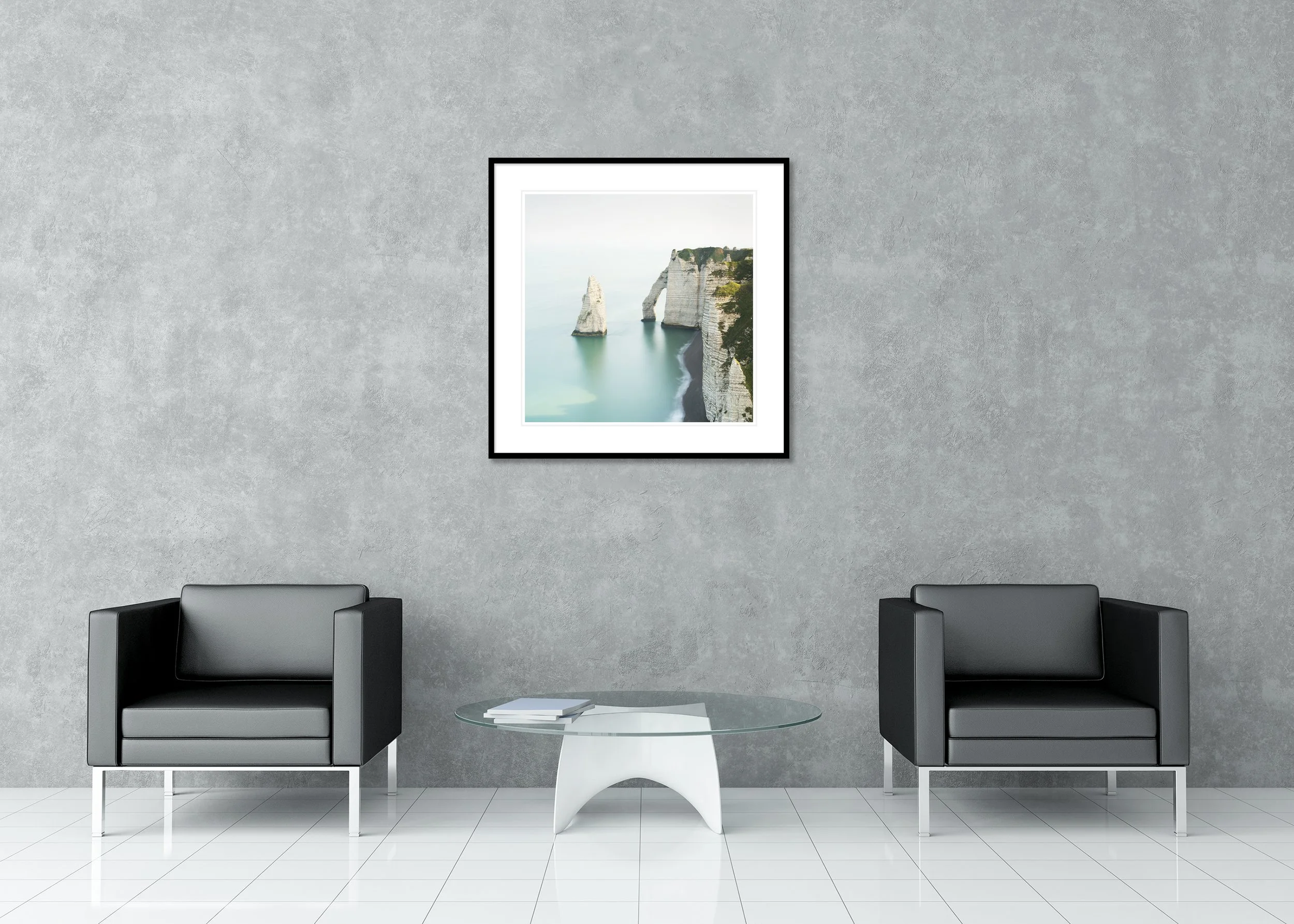The White Cliffs of Étretat archival pigment print shown framed with mount in a contemporary interior