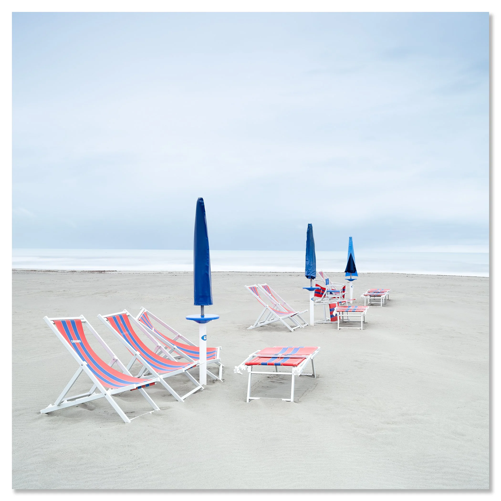 Sun Loungers on the Beach, Study 2 – frameless colour photograph mounted on aluminium Dibond.