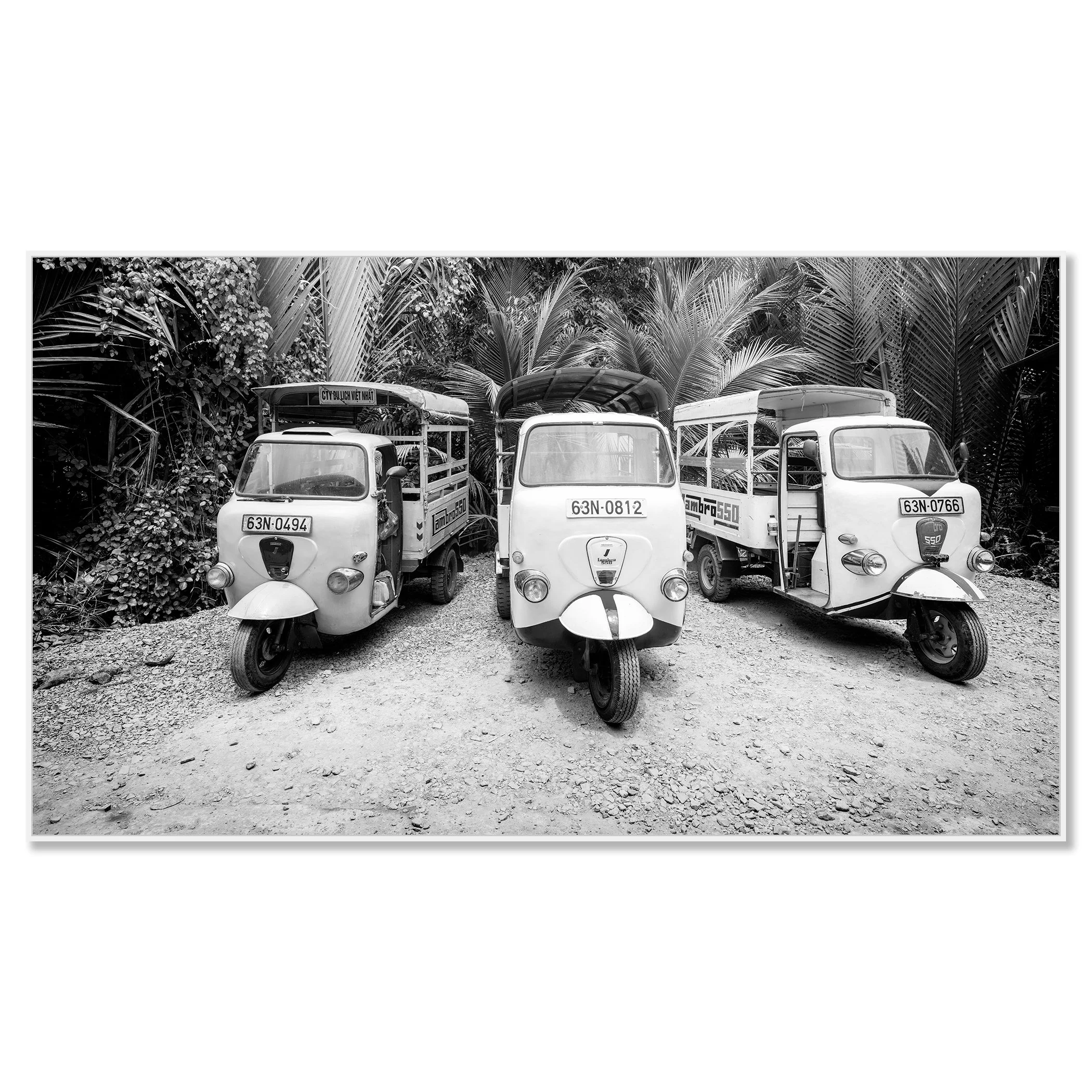 Three vintage tuk-tuks parked on a gravel path with dense tropical foliage in the background – framed ArtBox white