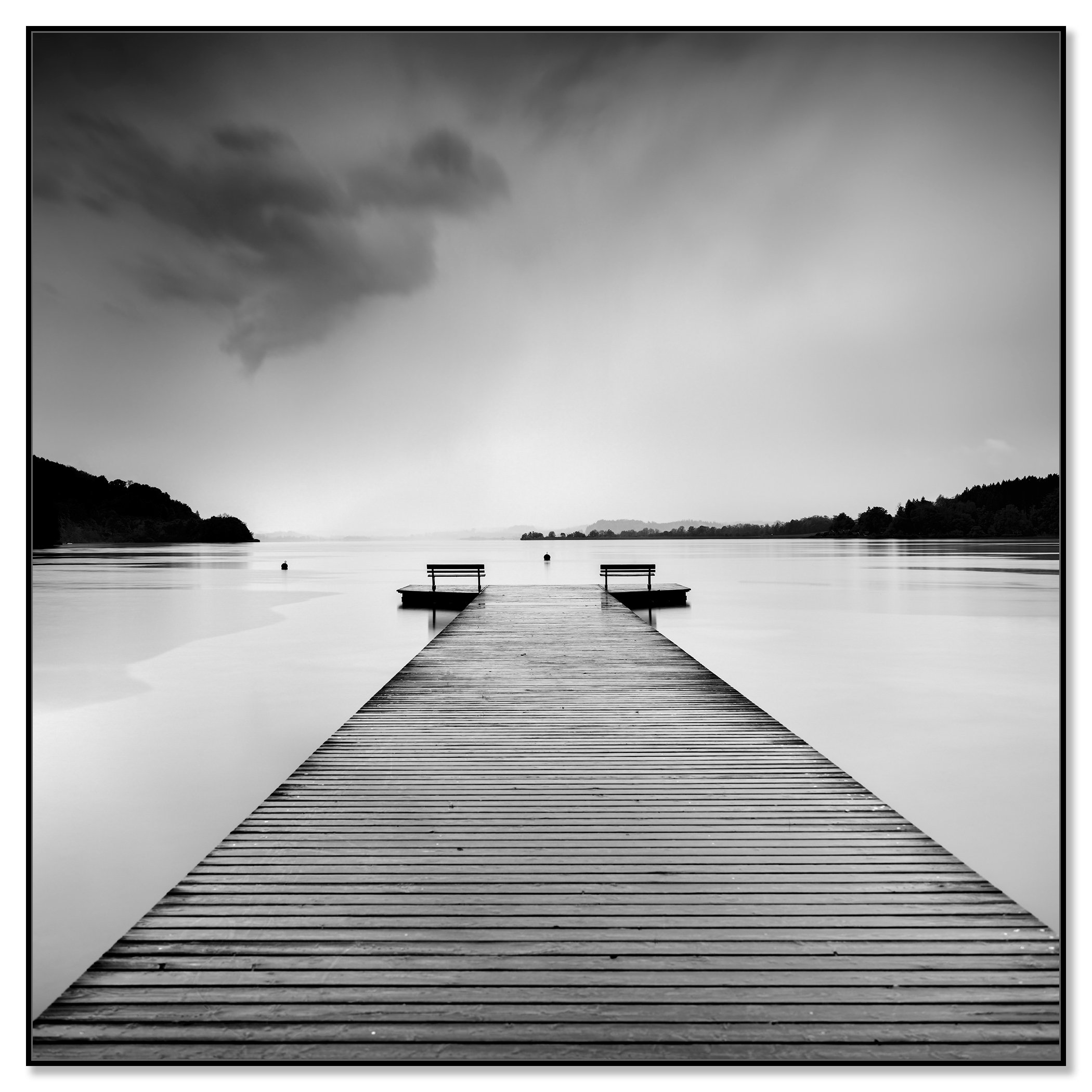 Minimalist black and white photograph of a wooden pier on Lake Wallersee, Austria – framed ArtBox black