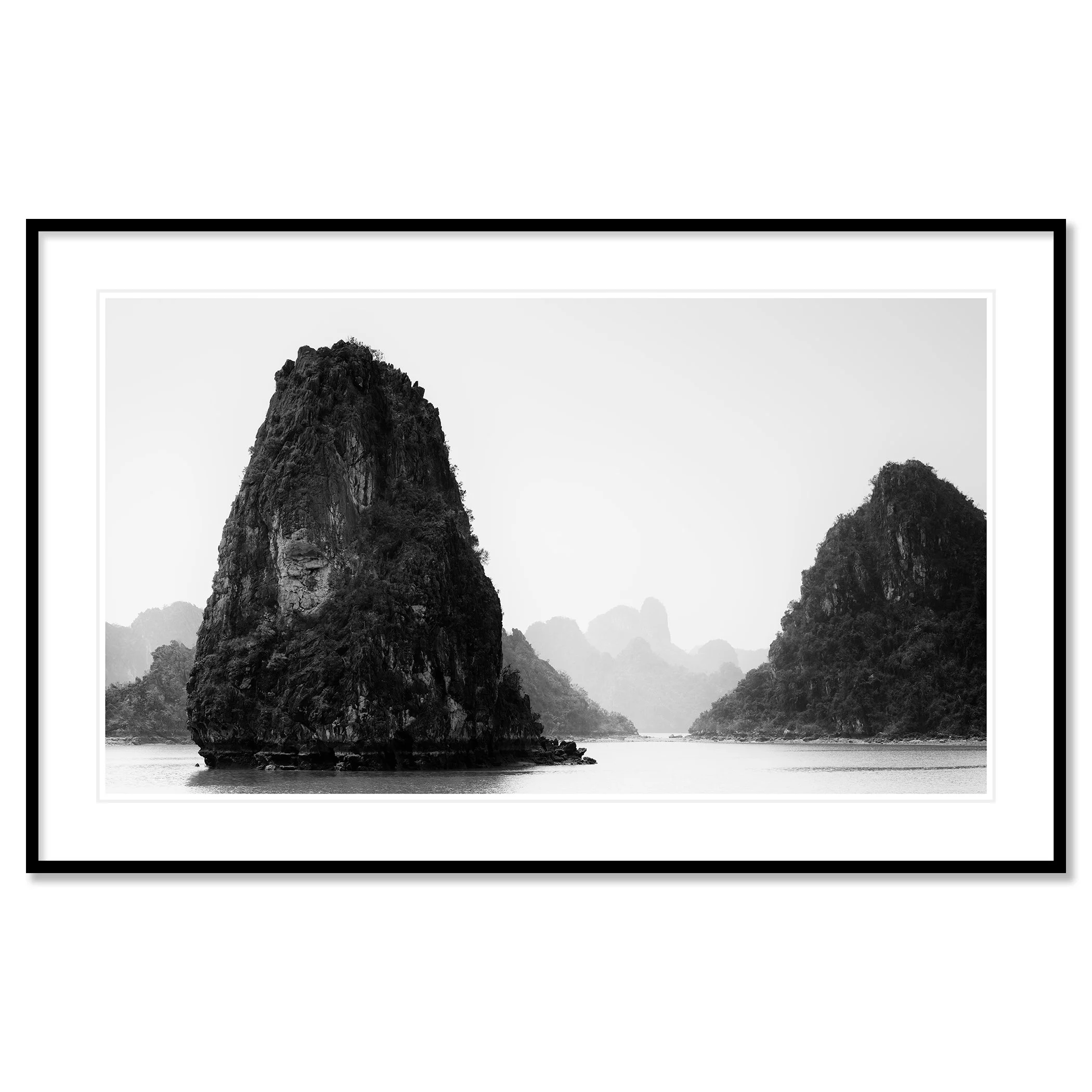 Ha Long Bay Panorama, Study 1 as an archival pigment print in a black aluminium frame with a white mount by Gerald Berghammer.