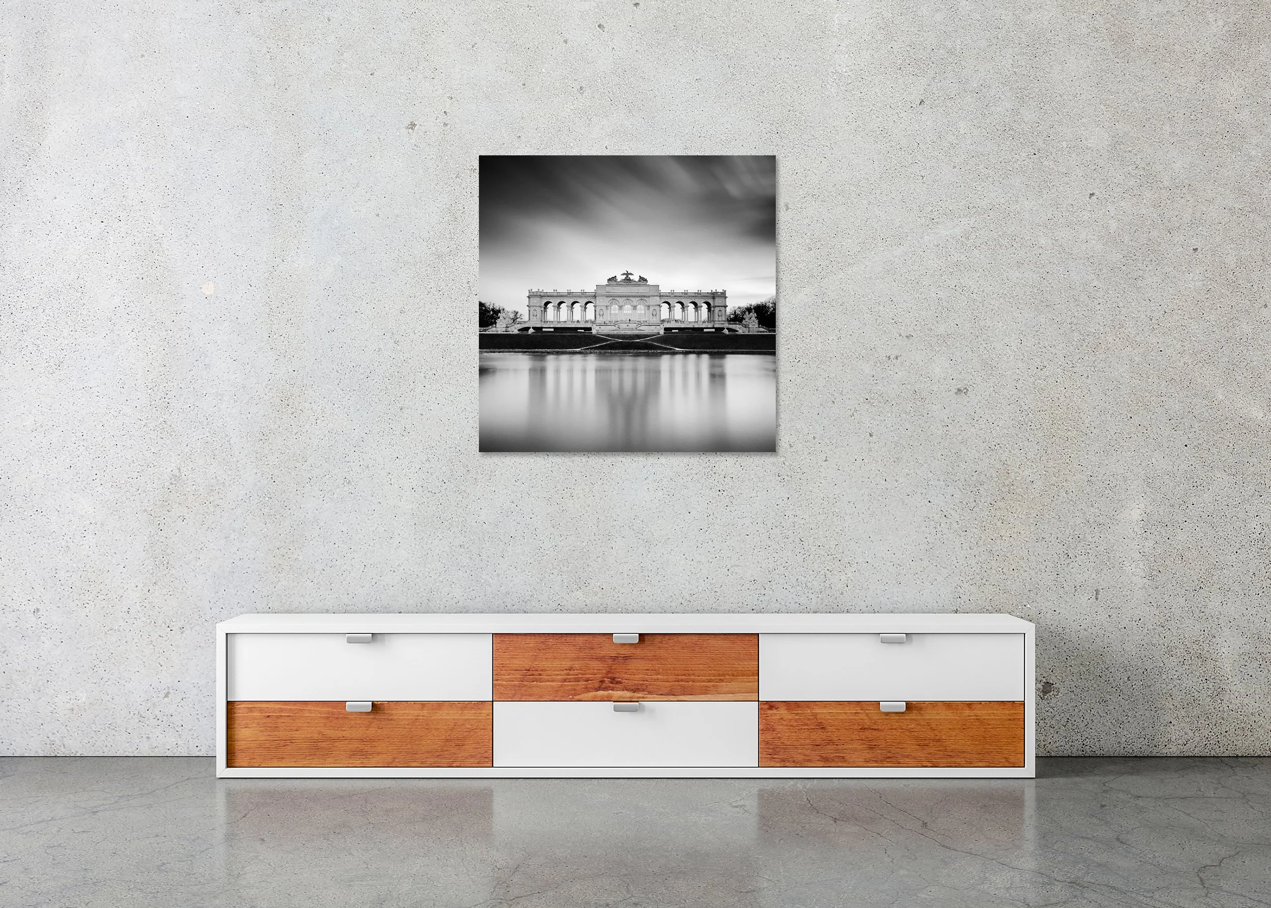 Gloriette Study 2 displayed in a modern interior as a frameless black-and-white aluminium Dibond print by Gerald Berghammer.