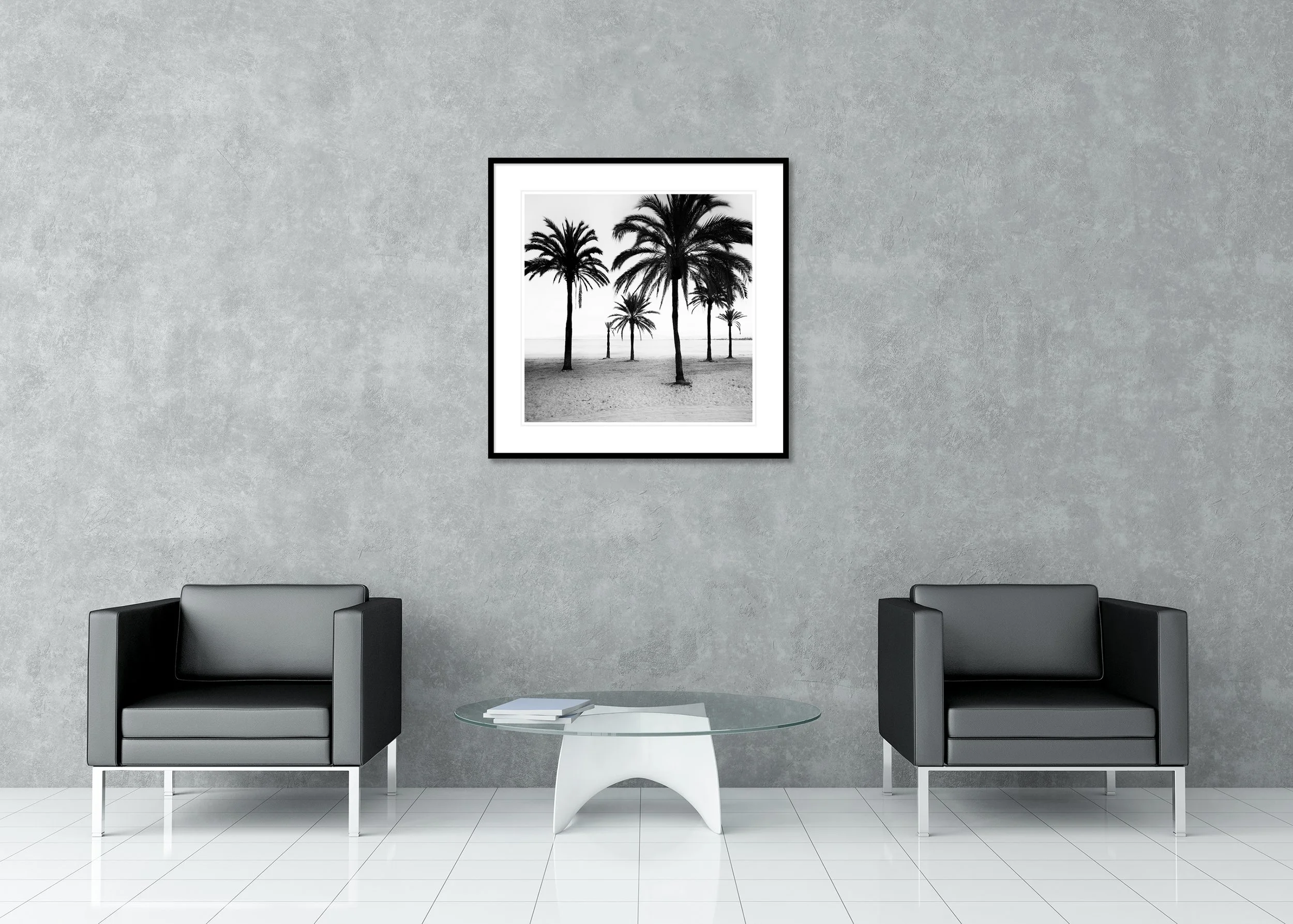 Black-and-white minimalist landscape of palm trees on a beach shoreline with ocean behind – archival pigment print in classic frame with passe-partout.