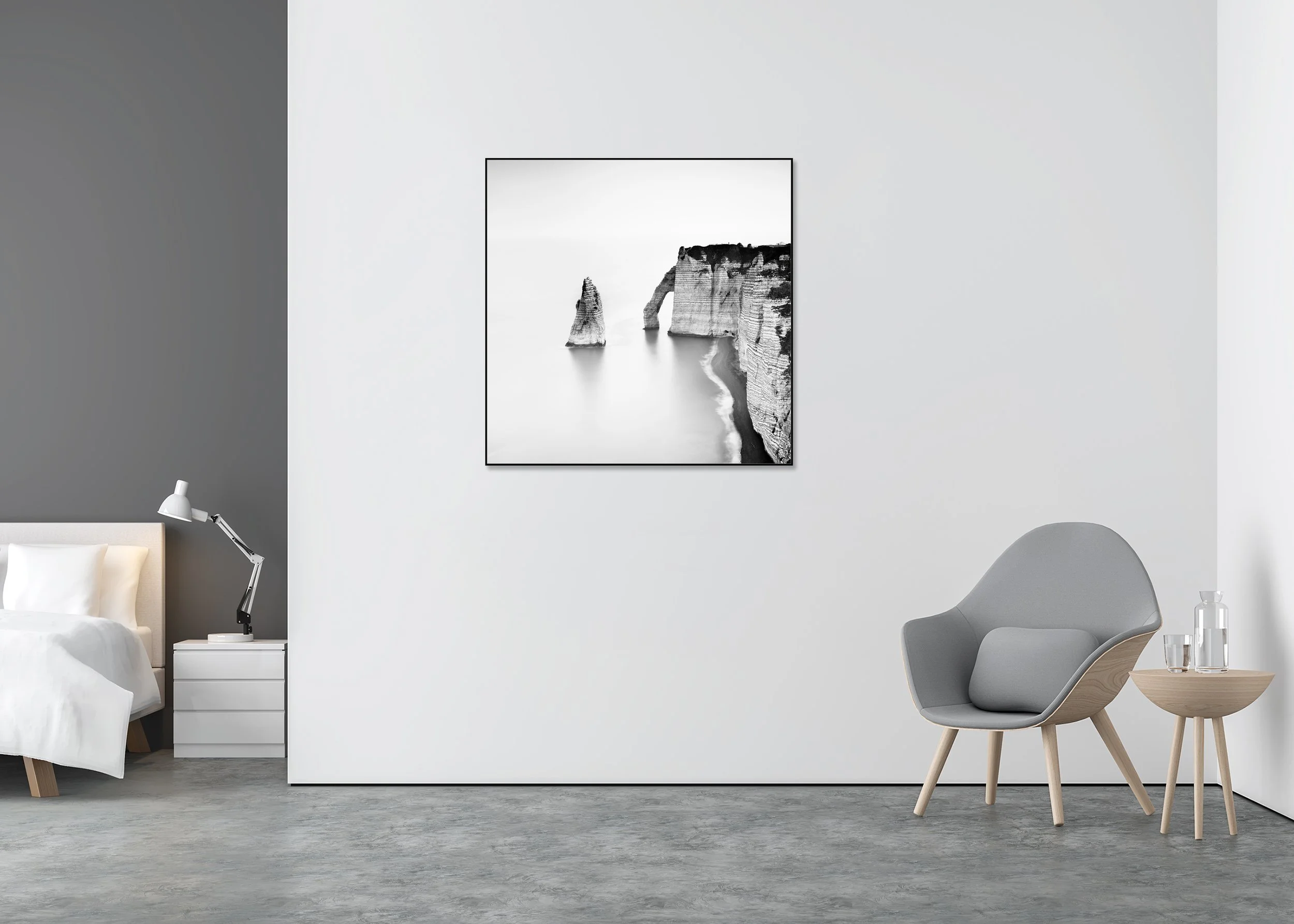 The Cliffs of Étretat, Study 1, displayed as a black-and-white photo print in a black aluminium ArtBox frame