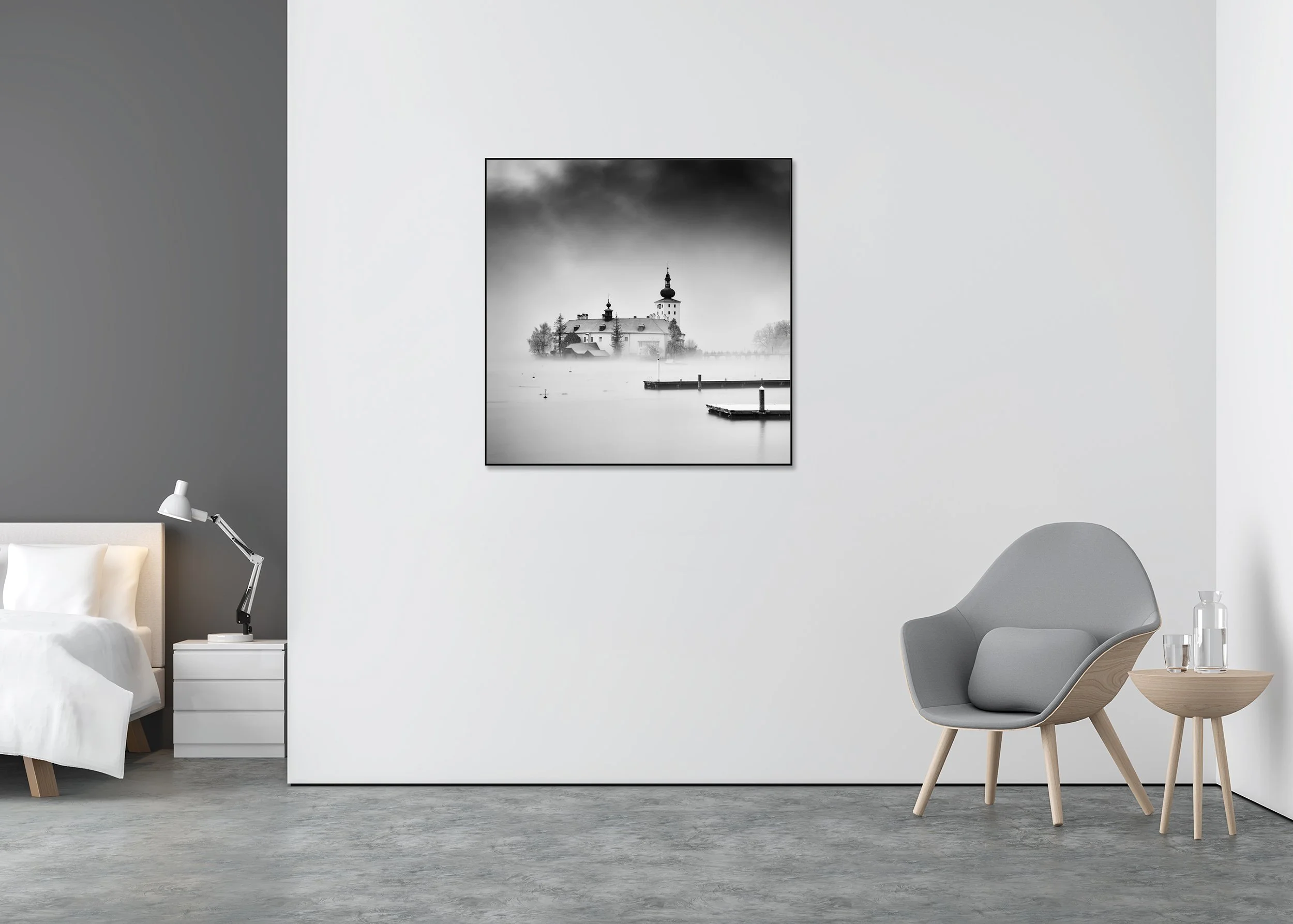 Seeschloss Ort castle on Traunsee in mist, Gmunden, Austria – photo print mounted on Dibond in an aluminium ArtBox frame