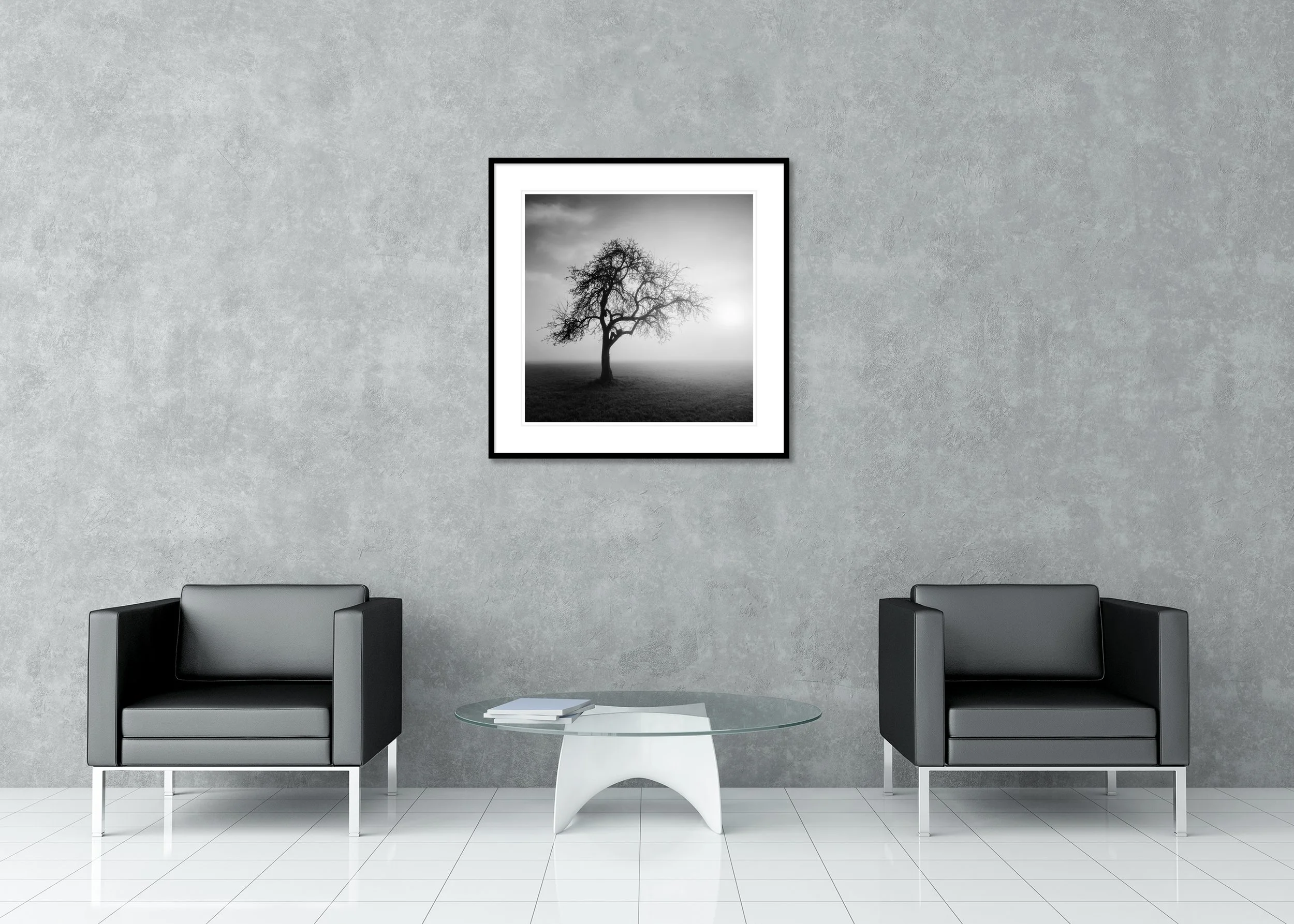 Foggy Morning, Study 1 – Austria, black-and-white archival pigment print in a black aluminium frame with a white mount displayed in a modern lounge.