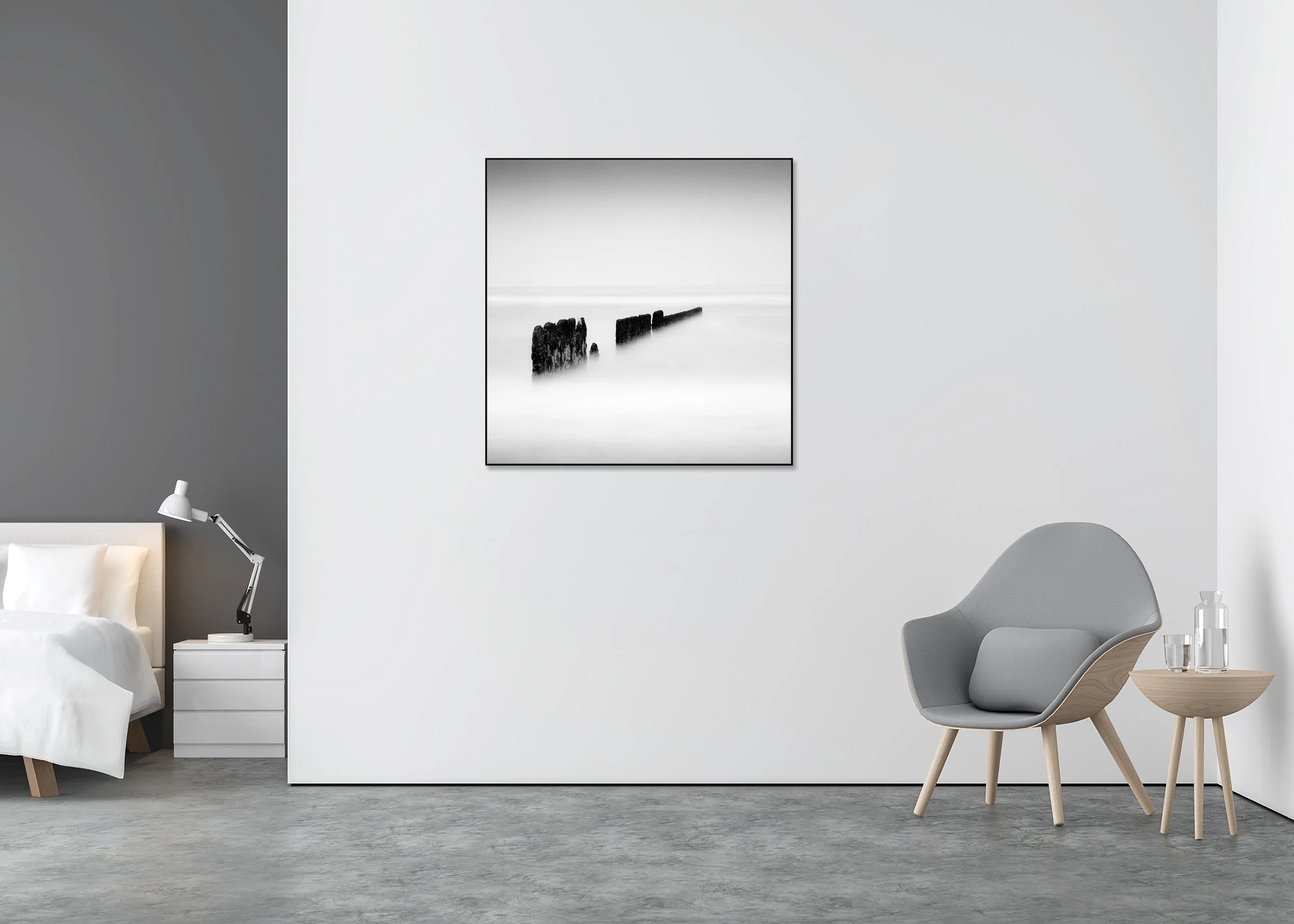 Black Line – black-and-white photograph in a black aluminium ArtBox displayed in a minimalist interior. Photo by Gerald Berghammer.