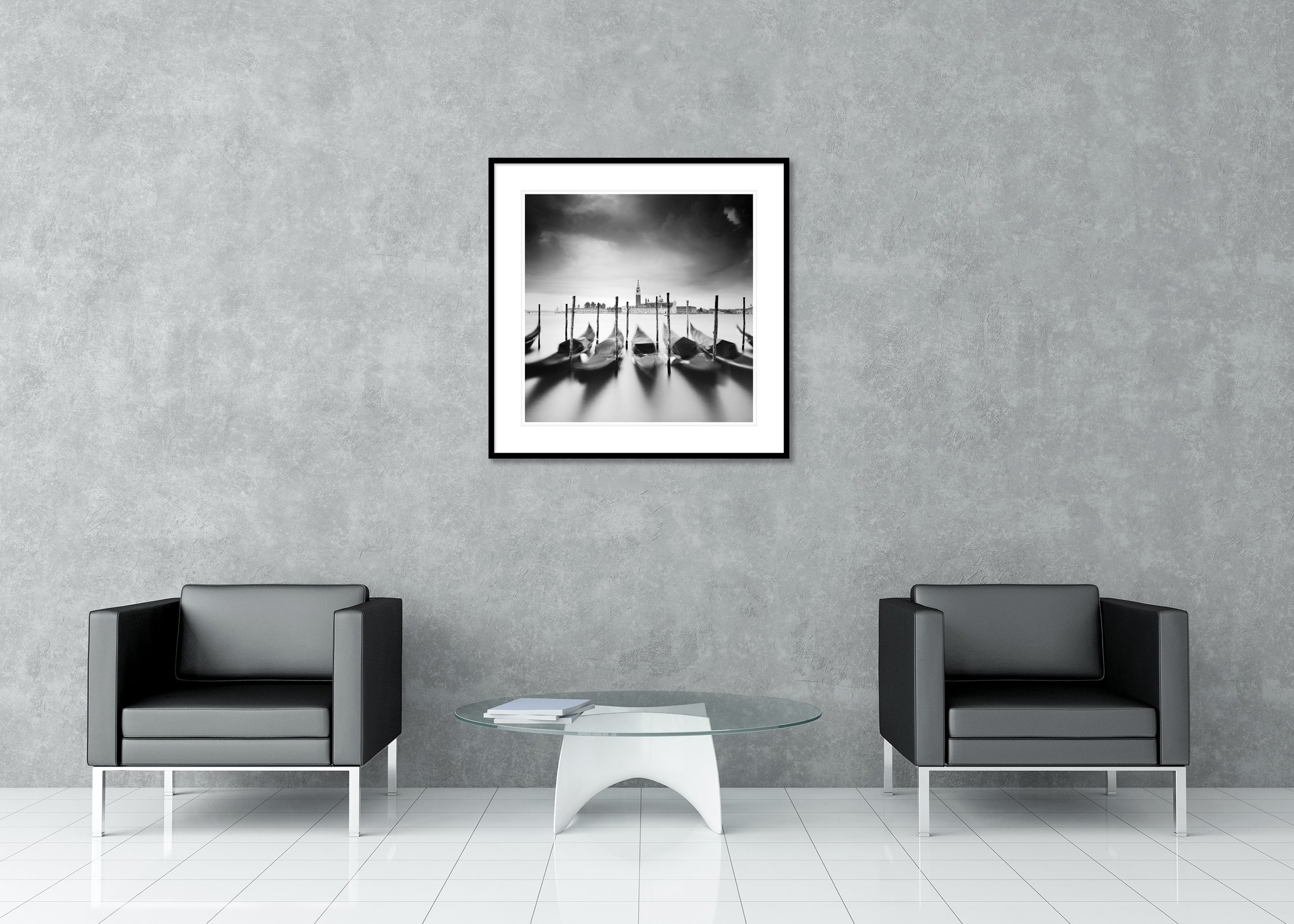 Basilica di San Giorgio Maggiore Study 1 displayed in a modern interior as an archival pigment print in a black aluminium frame with white mount by Gerald Berghammer.