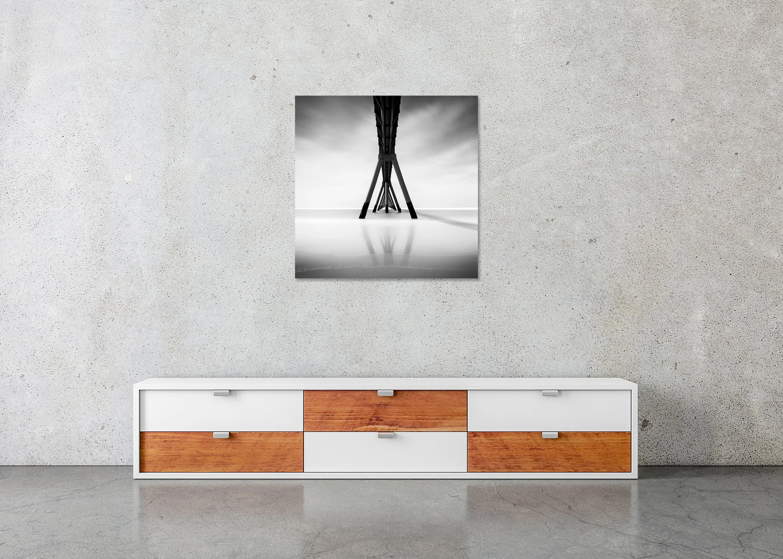 Wharf de la Salie Study 1 by Gerald Berghammer, frameless black-and-white fine art photograph mounted on aluminium Dibond in a minimalist interior.