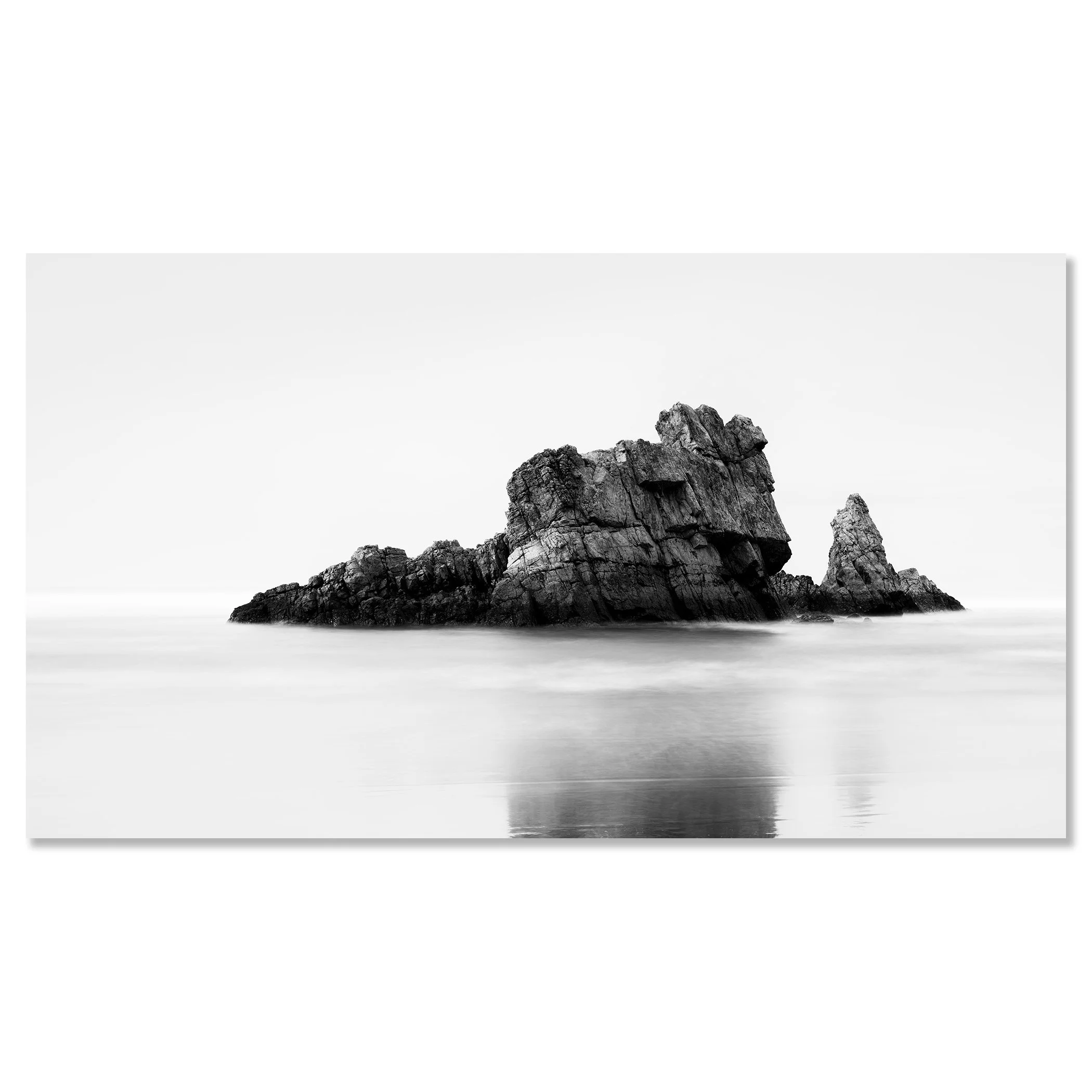 Rock on the Beach Panorama Study 1 shown frameless on aluminium Dibond, a minimalist black-and-white seascape from the Bay of Biscay, Spain.