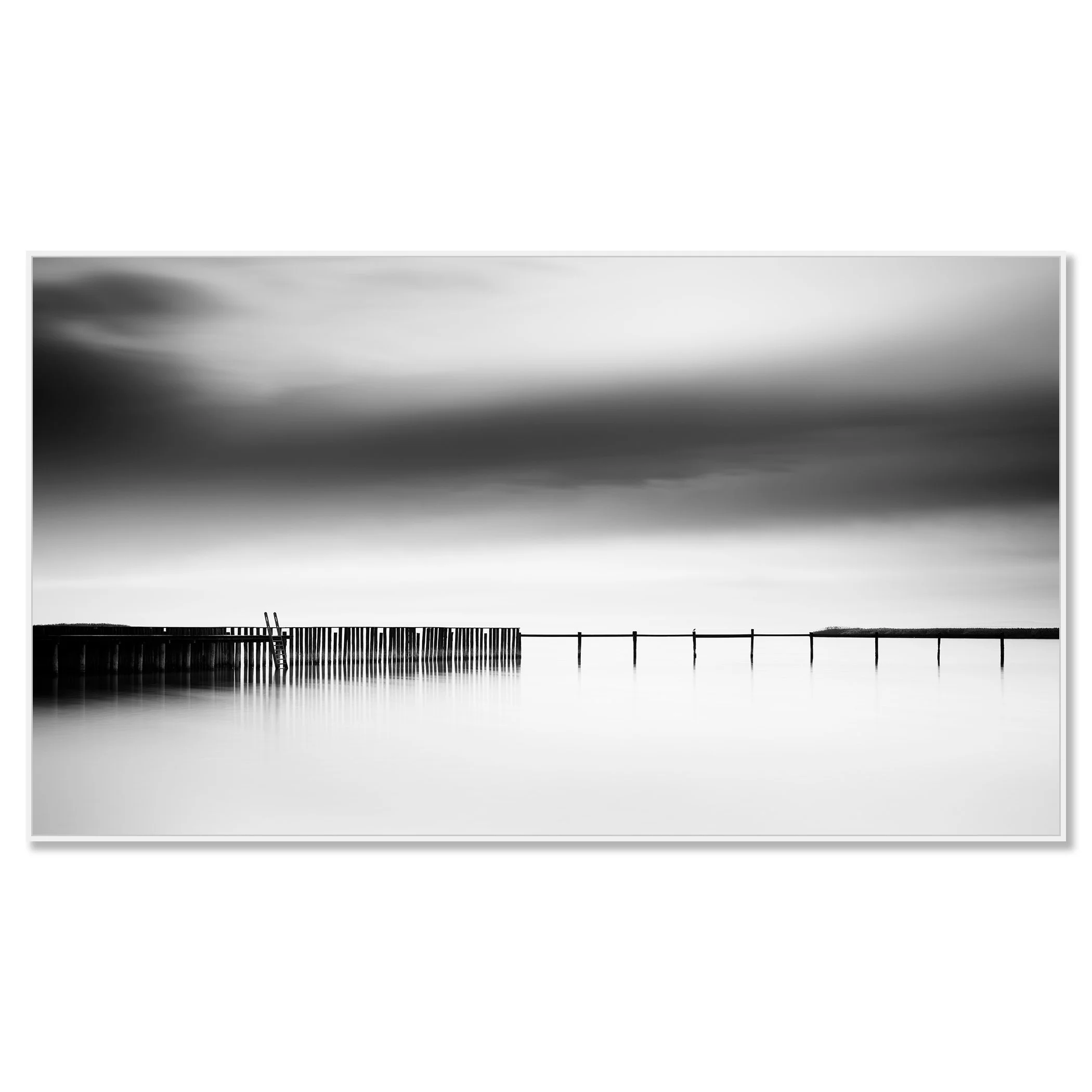 Black and white minimalist waterscape of a floating dock on Lake Neusiedl, Austria – framed ArtBox white